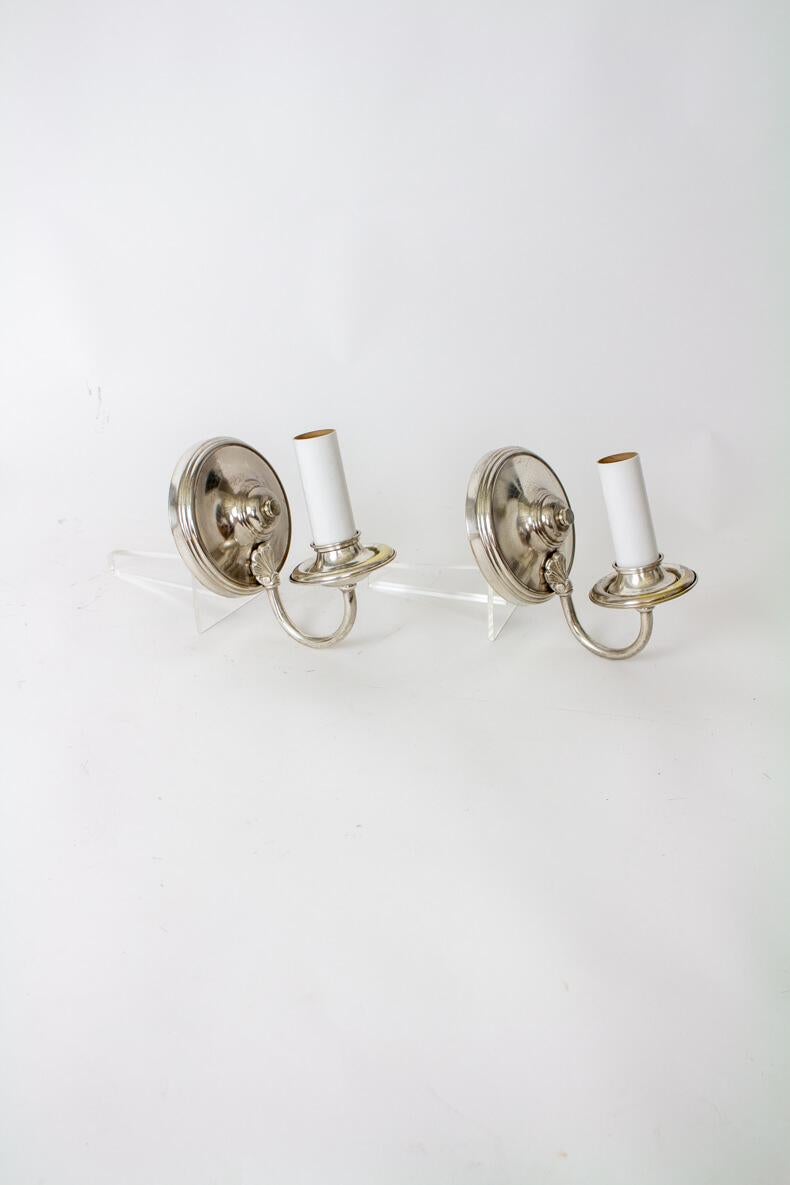 American Early 20th Century Silver Plate Sconces with Round Backplates, a Pair