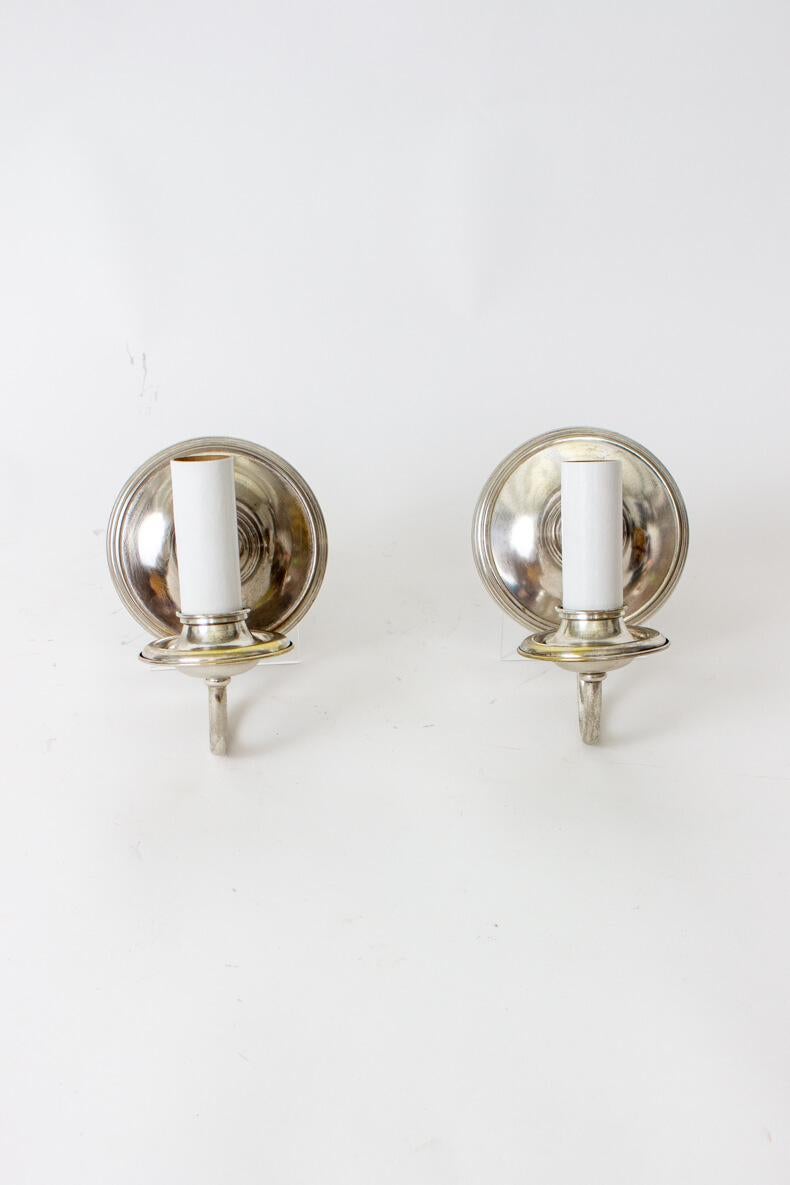 Early 20th Century Silver Plate Sconces with Round Backplates, a Pair 4