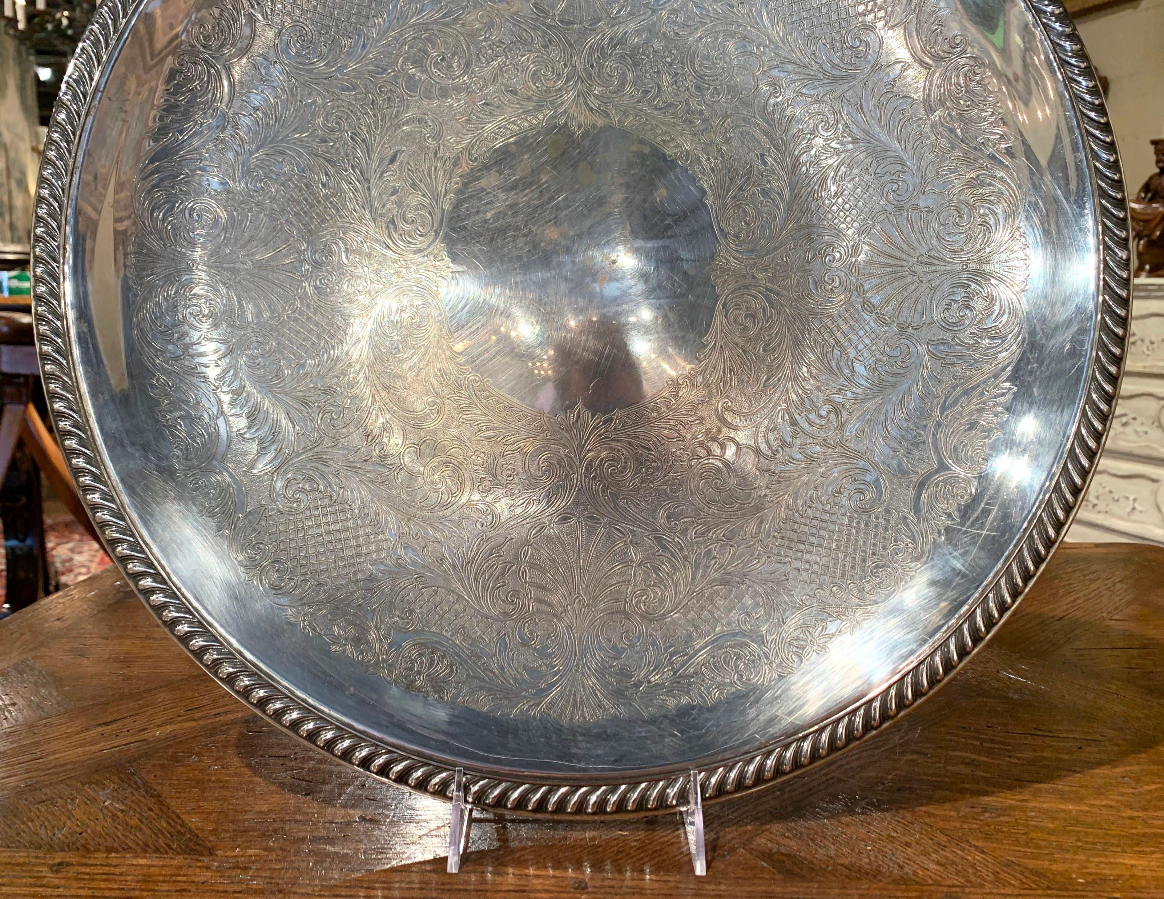 Silvered Early 20th Century Silver Plated over Brass Tray with Engraved Decor For Sale
