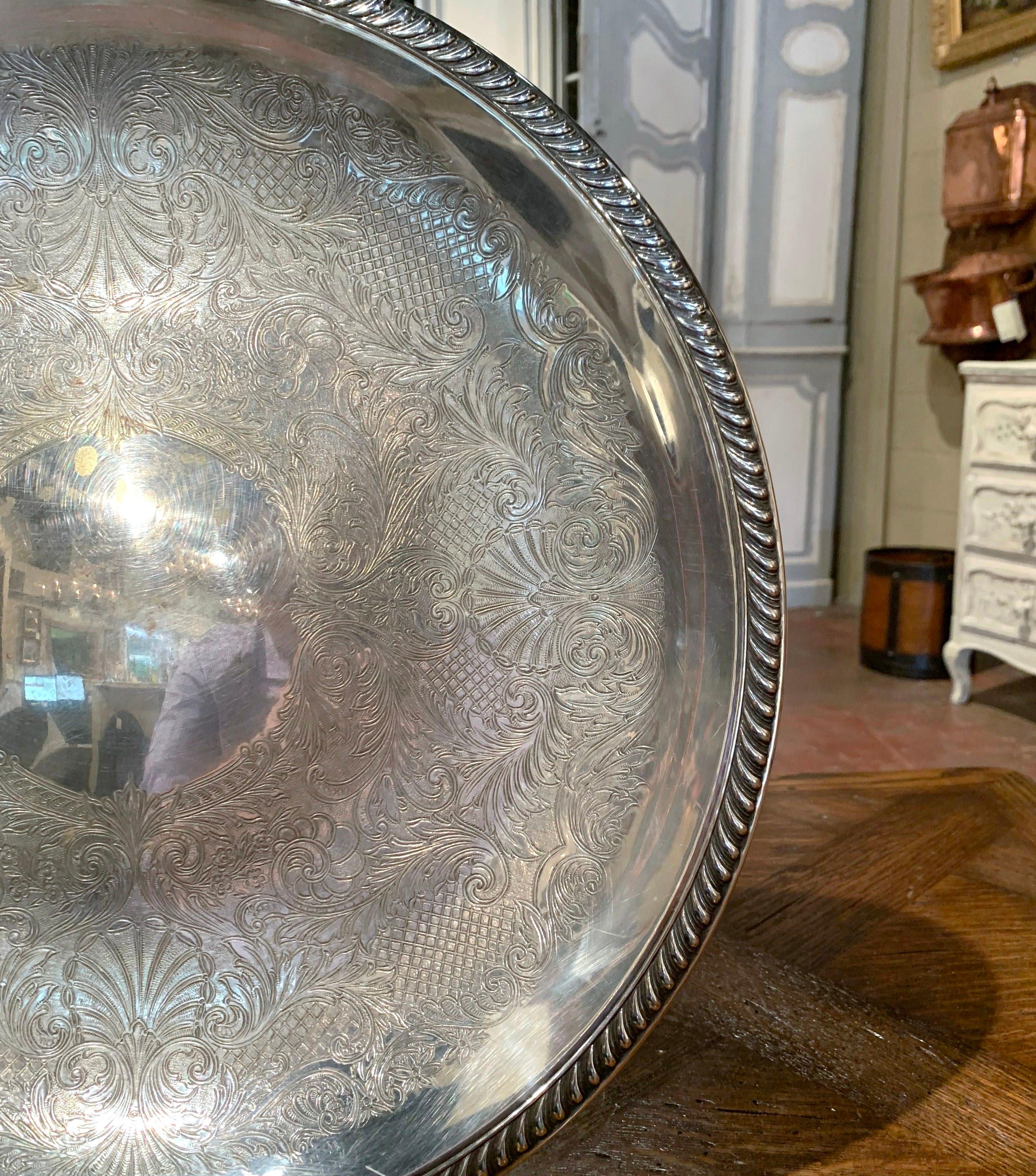 Early 20th Century Silver Plated over Brass Tray with Engraved Decor In Excellent Condition For Sale In Dallas, TX
