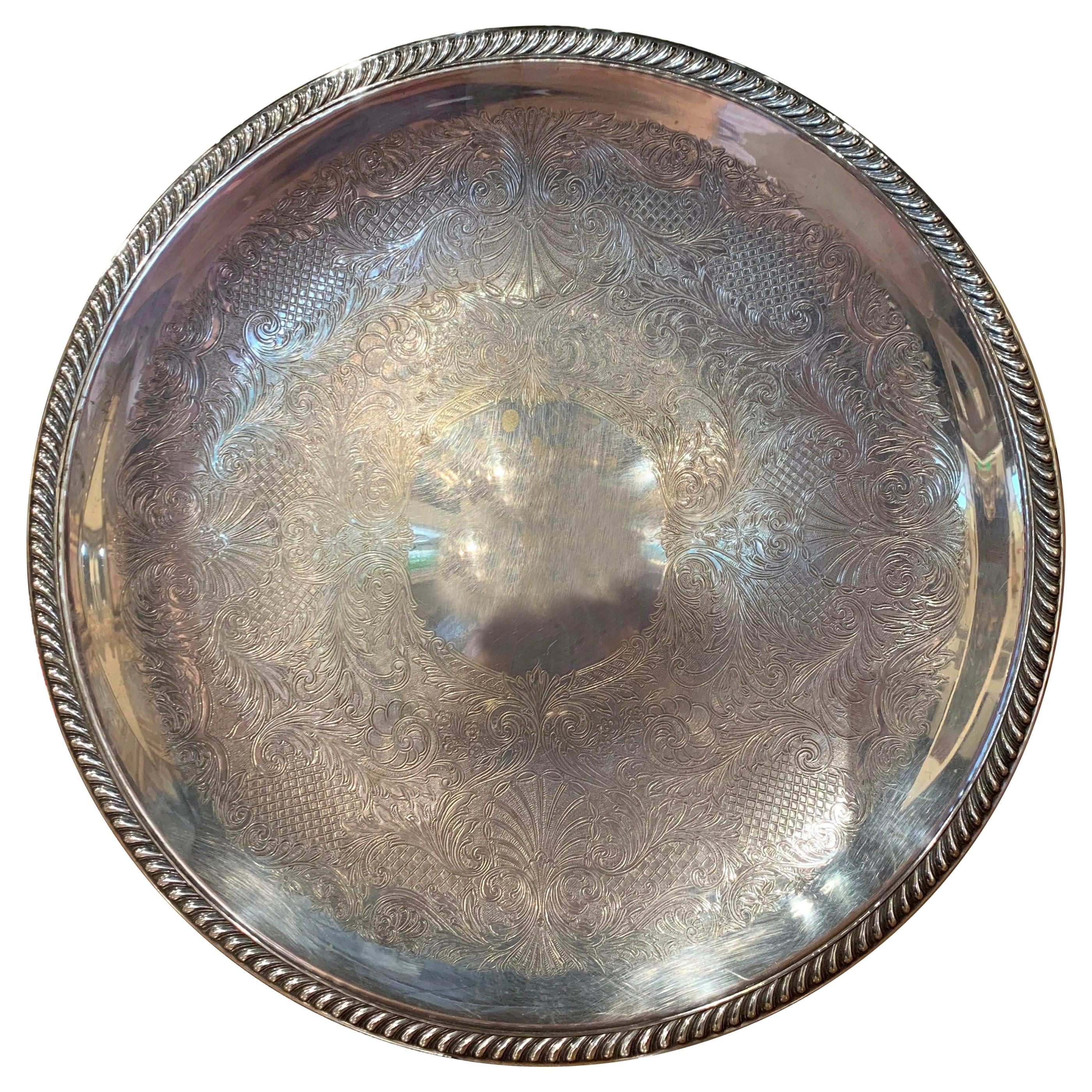 Early 20th Century Silver Plated over Brass Tray with Engraved Decor For Sale