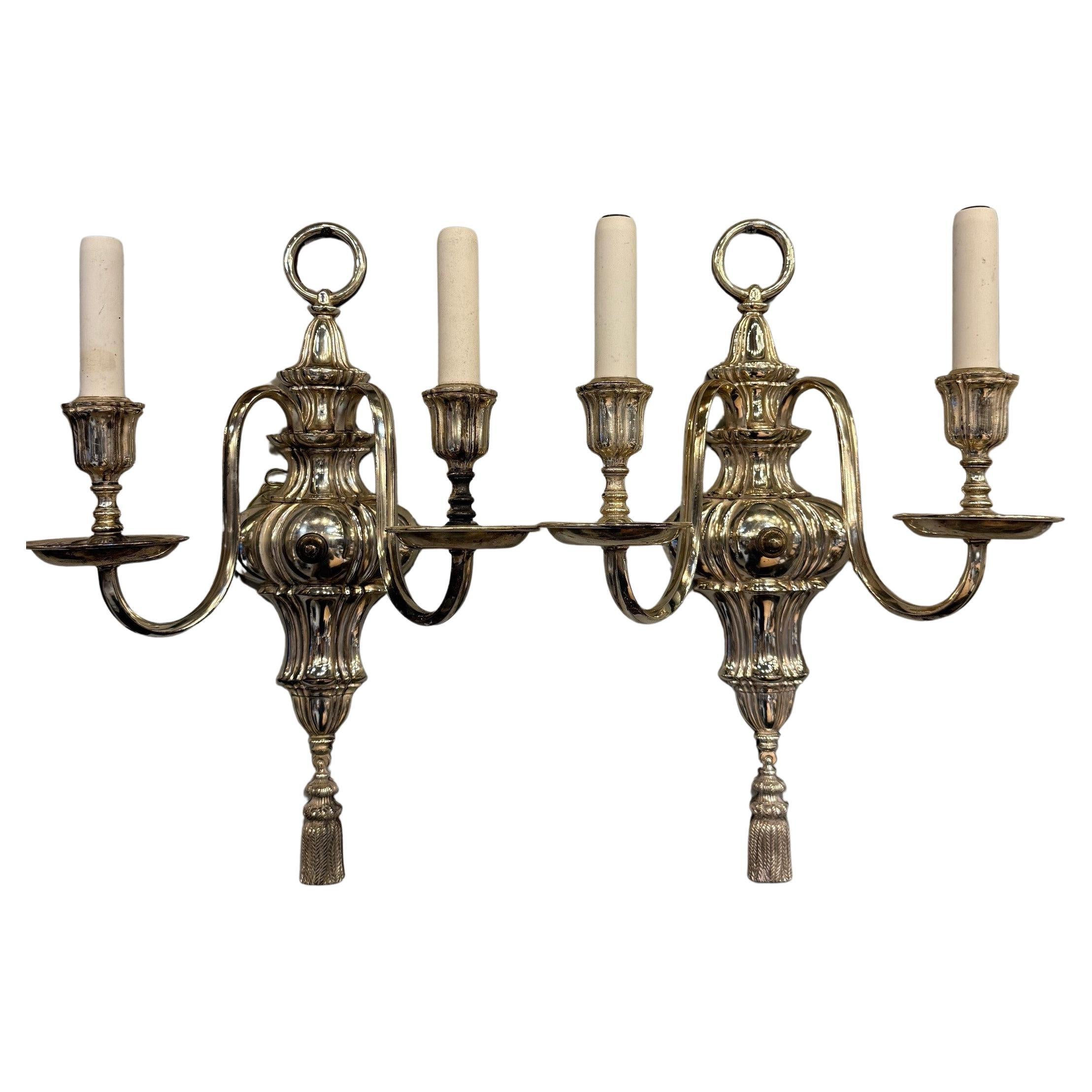 Early 20th Century Silver Plated Pair of Tassel Sconces by E.F. Caldwell & Co For Sale