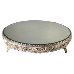Early 20th Century Silver Plated Round Scalloped Edge Mirror Top Plateau