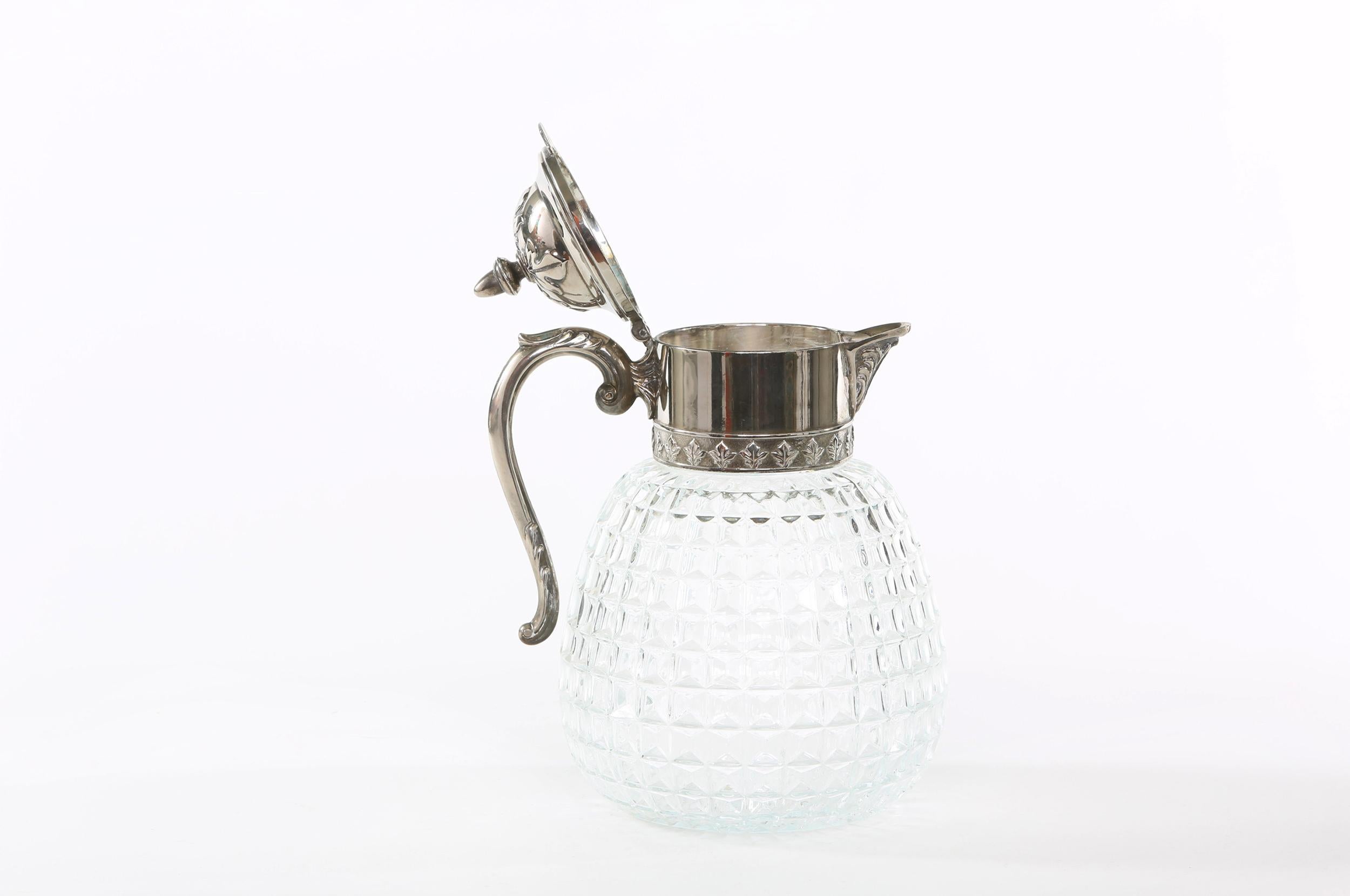 English Early 20th Century Silver Plated Top / Cut Glass Pitcher