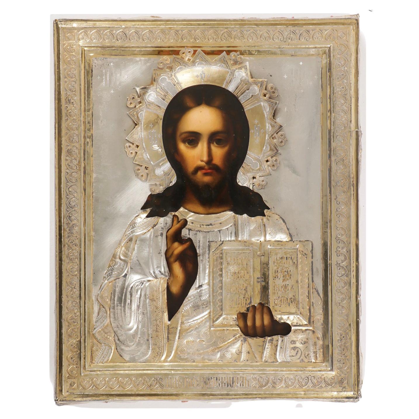Early 20th Century Silver Russian Icon of Christ For Sale