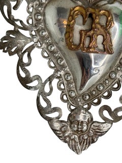 Early 20th Century Silver Sacred Heart Ex Voto with Cherub Angel, Antique Italy