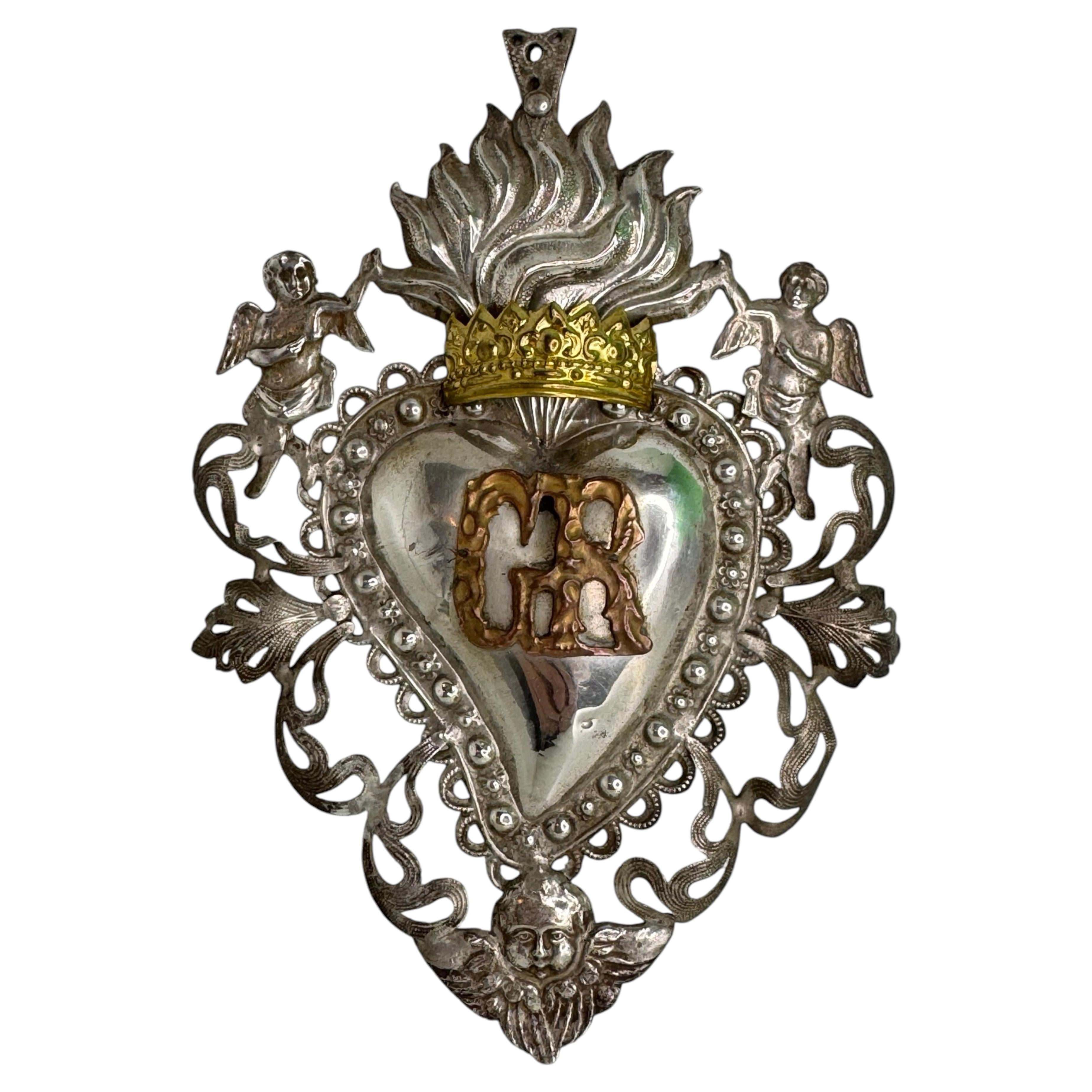 Early 20th Century Silver Sacred Heart Ex Voto with Cherub Angel, Antique Italy