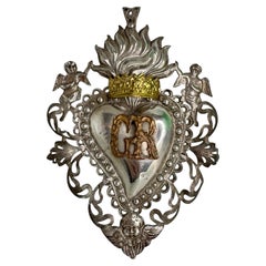 Early 20th Century Silver Sacred Heart Ex Voto with Cherub Angel, Antique Italy
