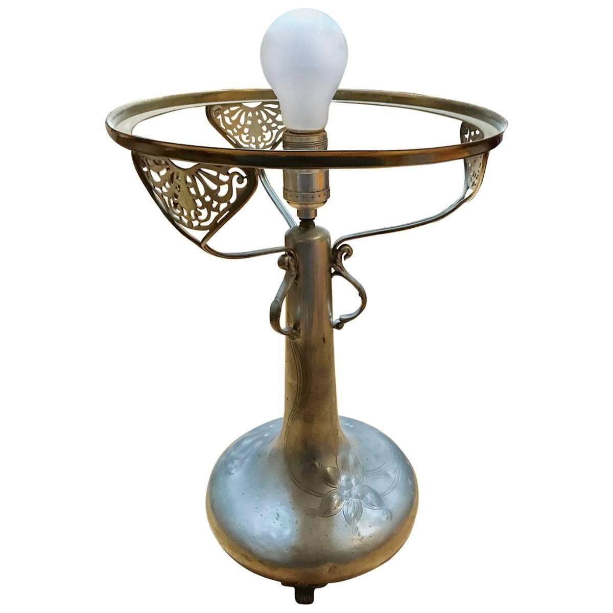 American Early 20th Century Silvered Metal Table Lamp Base with Puffy Style Shade For Sale