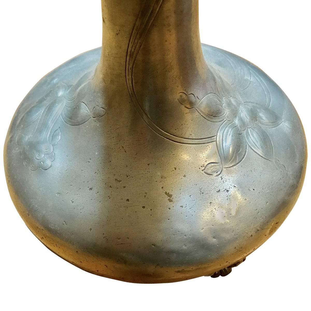 19th Century Early 20th Century Silvered Metal Table Lamp Base with Puffy Style Shade For Sale