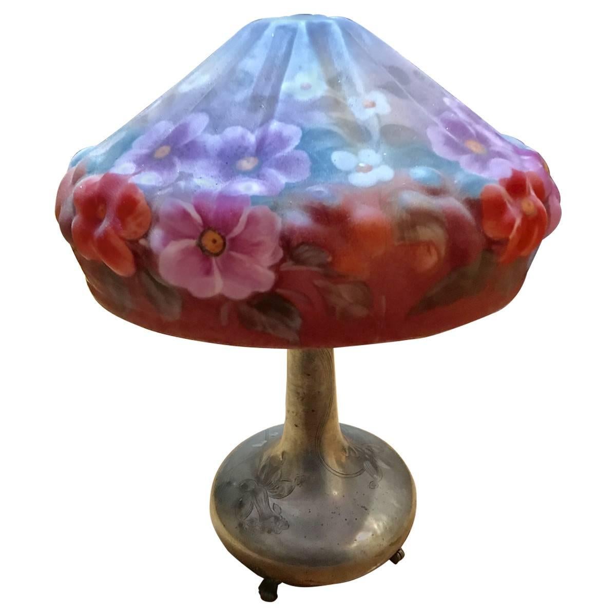 Early 20th Century Silvered Metal Table Lamp Base with Puffy Style Shade For Sale