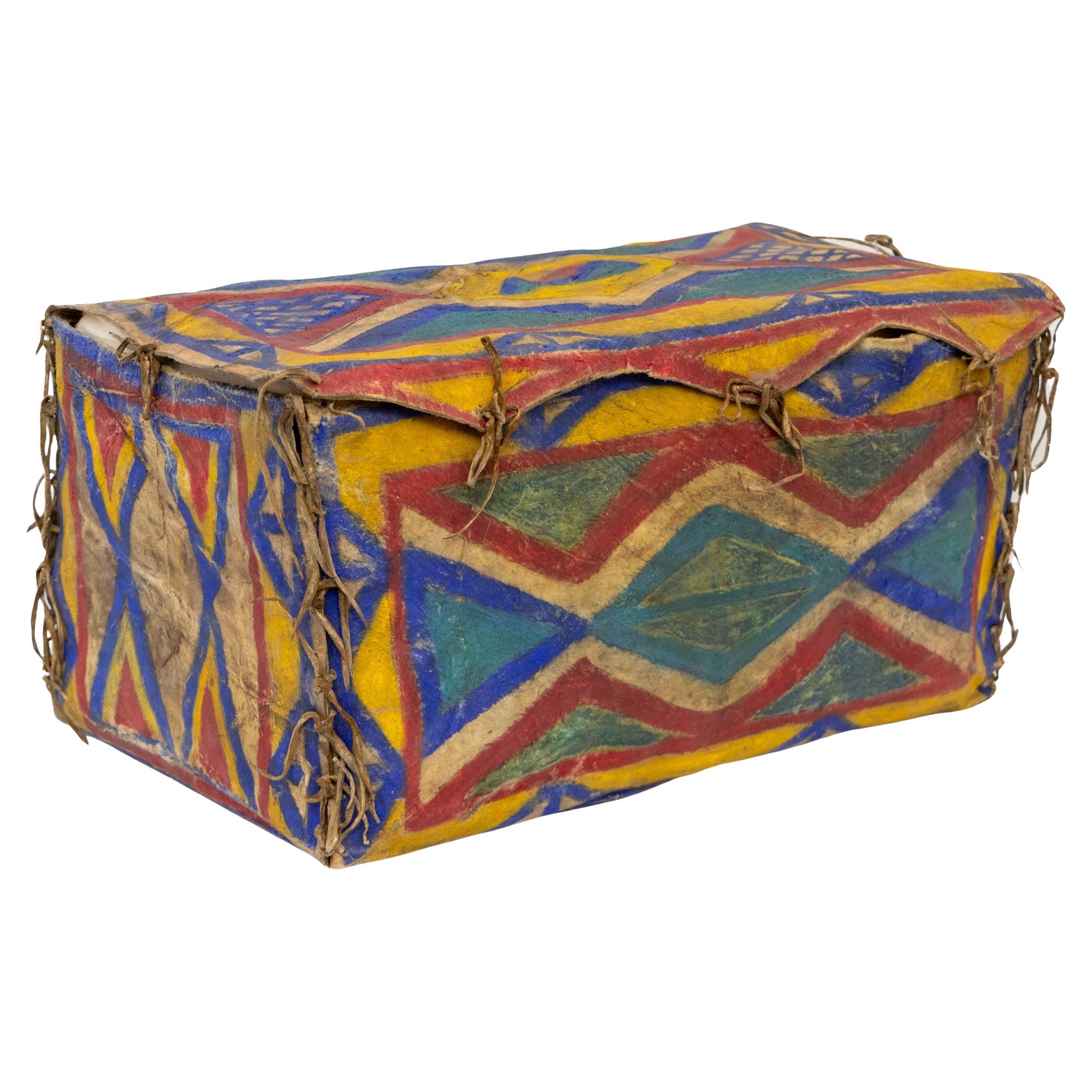 Early 20th Century Sioux Parfleche Box, Hand-Painted Hide with Geometric Designs For Sale