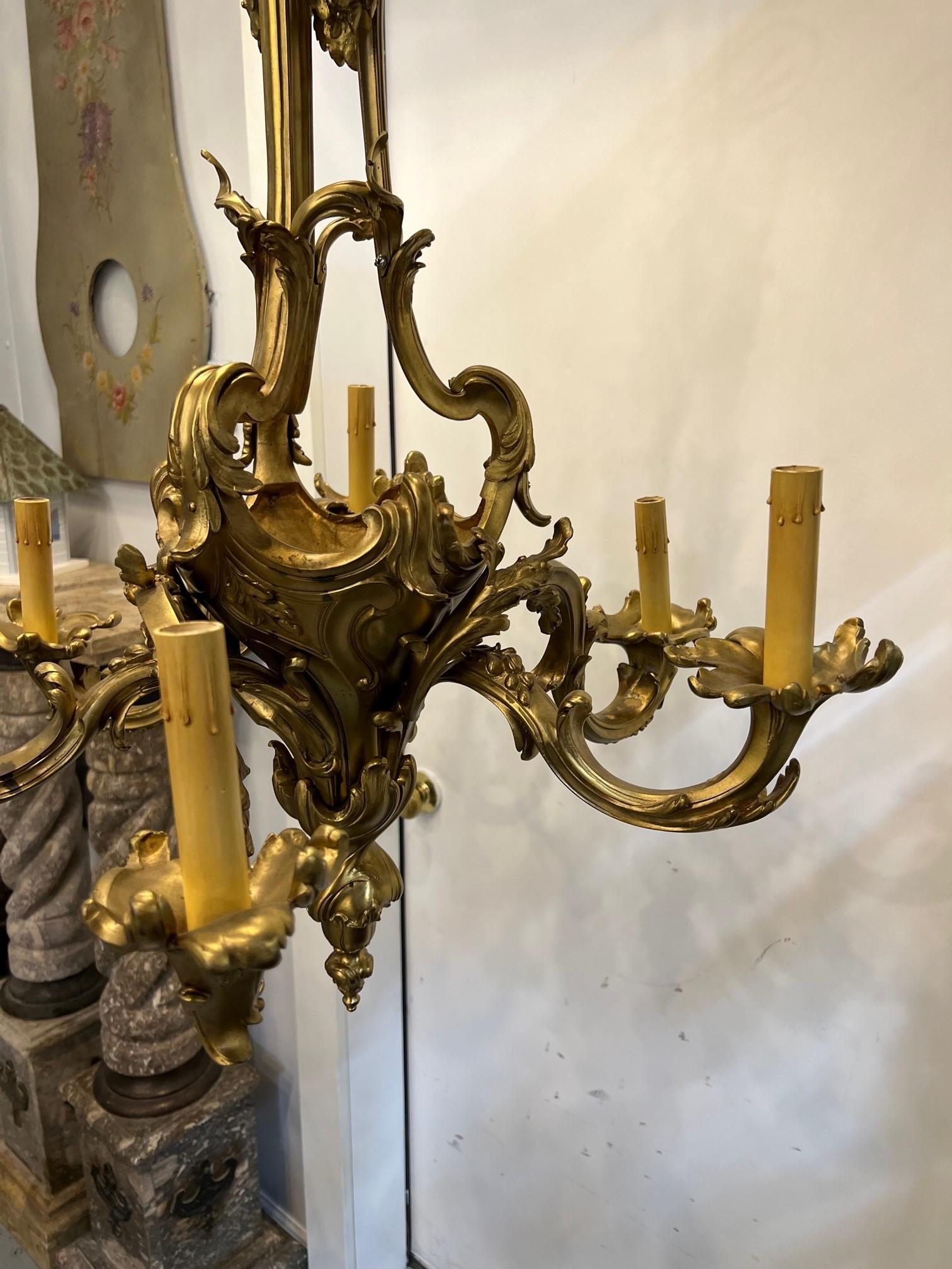 Gilt Late 19th Century Six Arm French Rococo Bronze Louis XV Style Chandelier For Sale