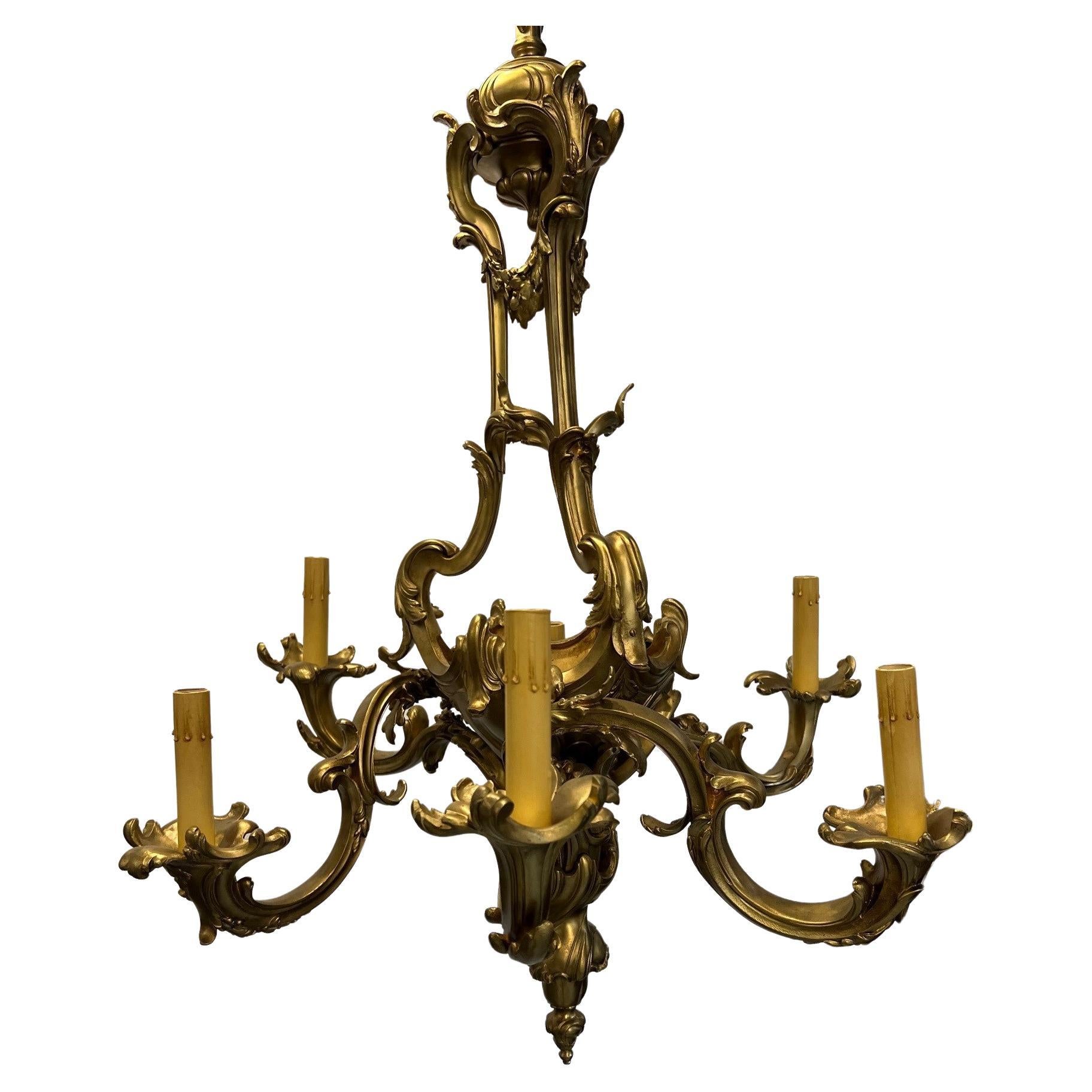 Lustre de style Louis XV en bronze rococo français à six bras de lumière, fin du 19e siècle en vente