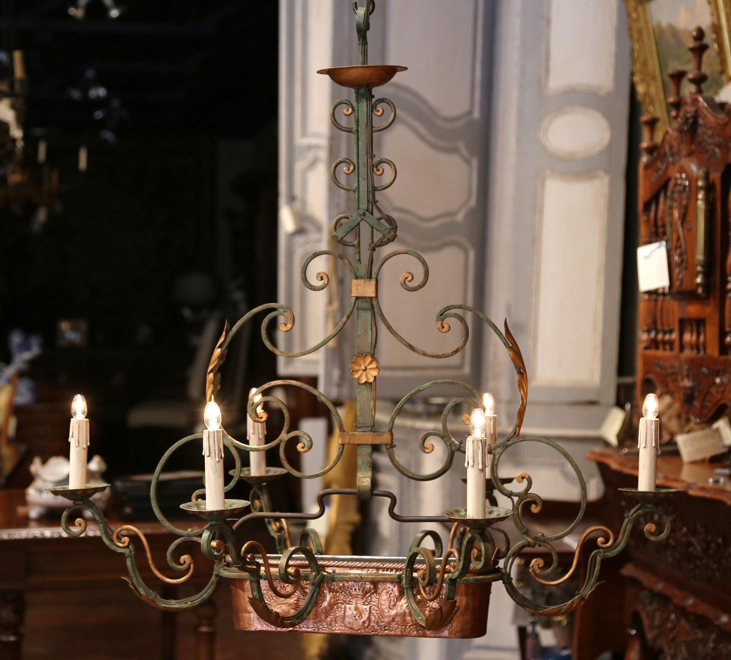 French Early 20th Century Verdigris Iron Six-Light Chandelier with Copper Jardinière