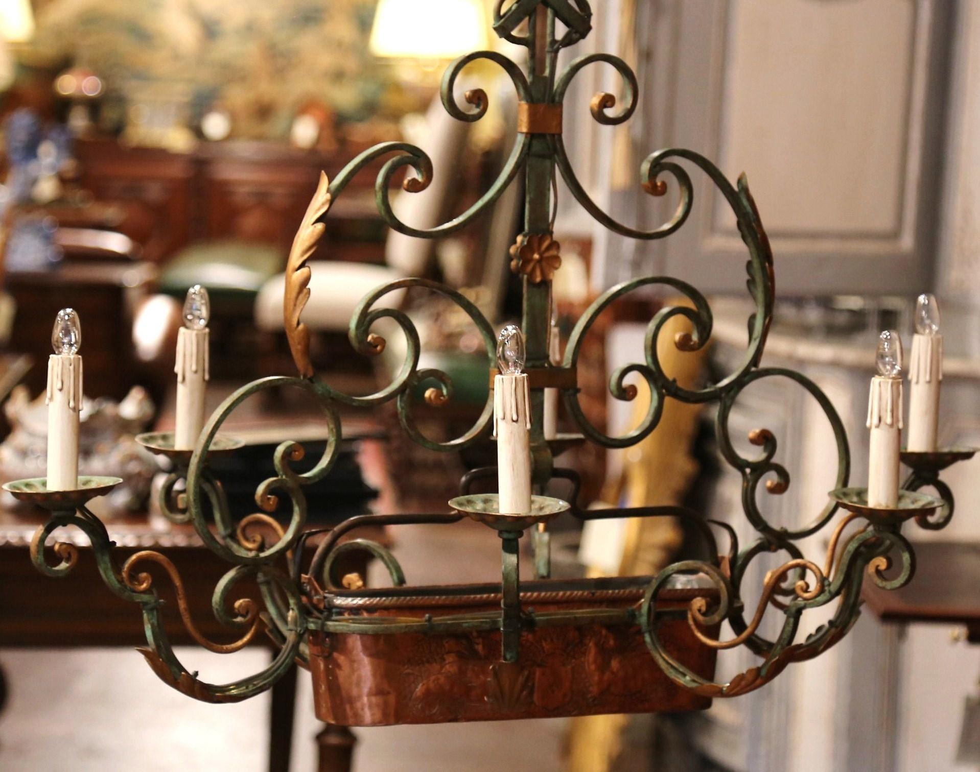 Hand-Crafted Early 20th Century Verdigris Iron Six-Light Chandelier with Copper Jardinière