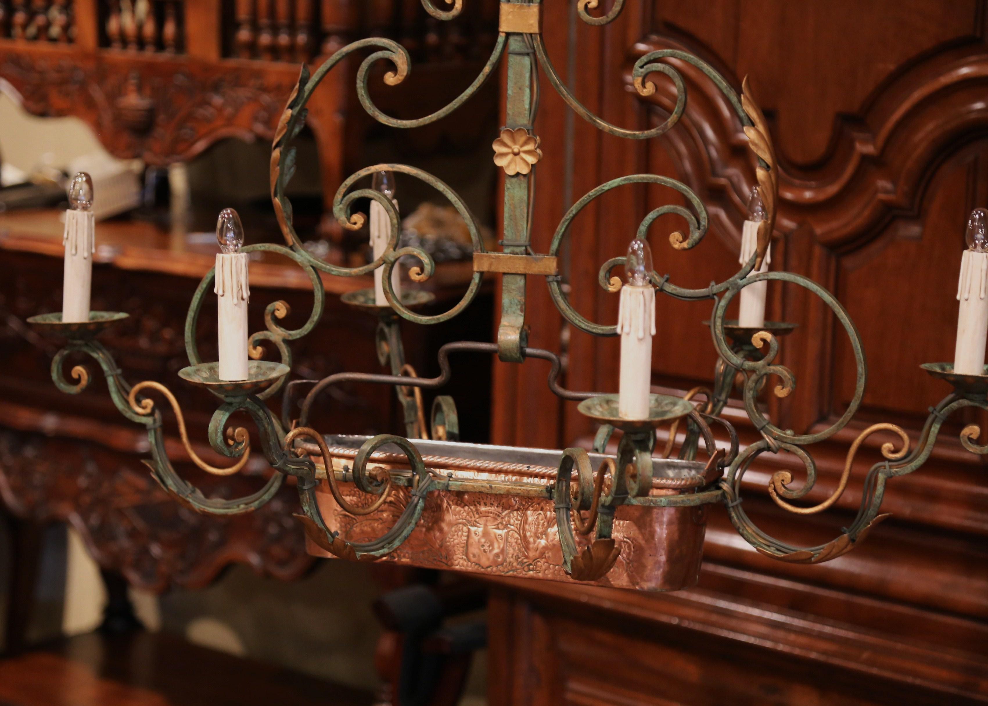 Early 20th Century Verdigris Iron Six-Light Chandelier with Copper Jardinière 1