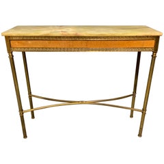 Antique Early 20th Century Slim Alabaster and Brass Hall Console Table