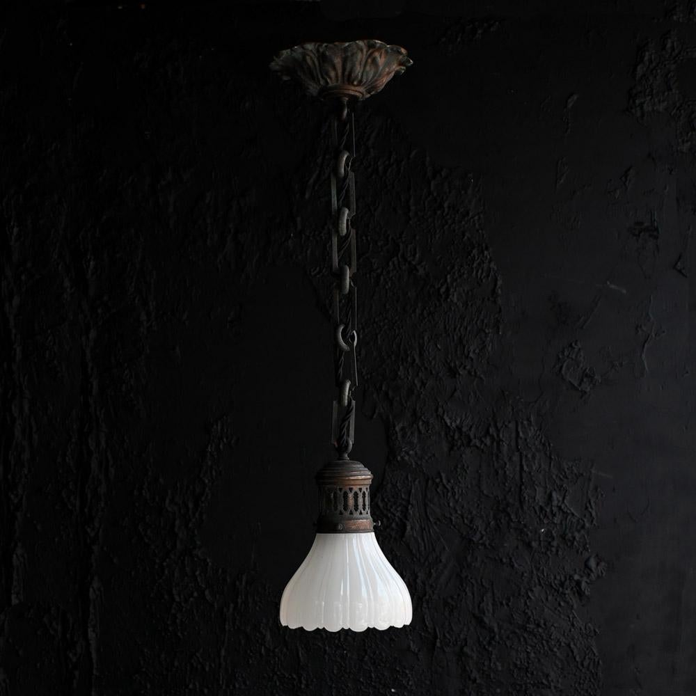 Late Victorian Early 20th Century Small Brass and Glass Ceiling Light #2 For Sale
