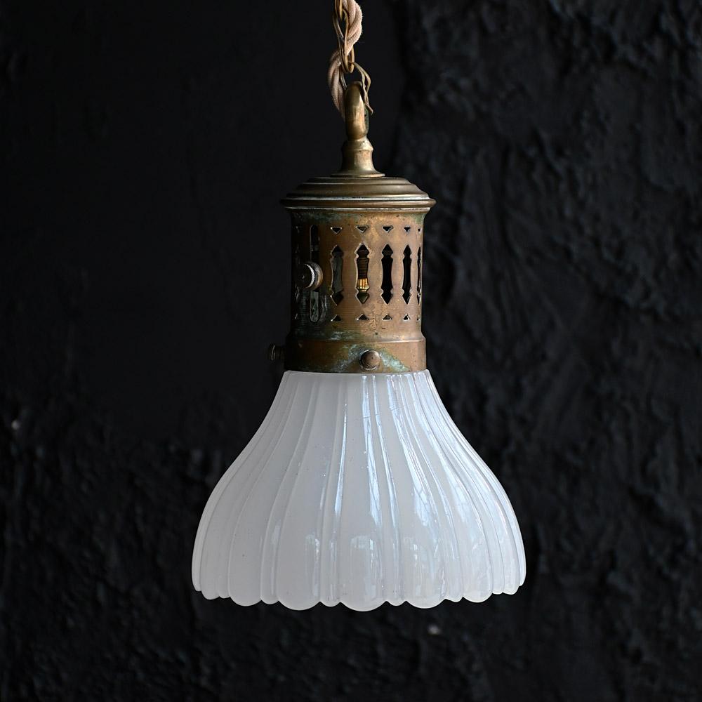 Late Victorian Early 20th Century Small Brass and Glass Ceiling Light For Sale