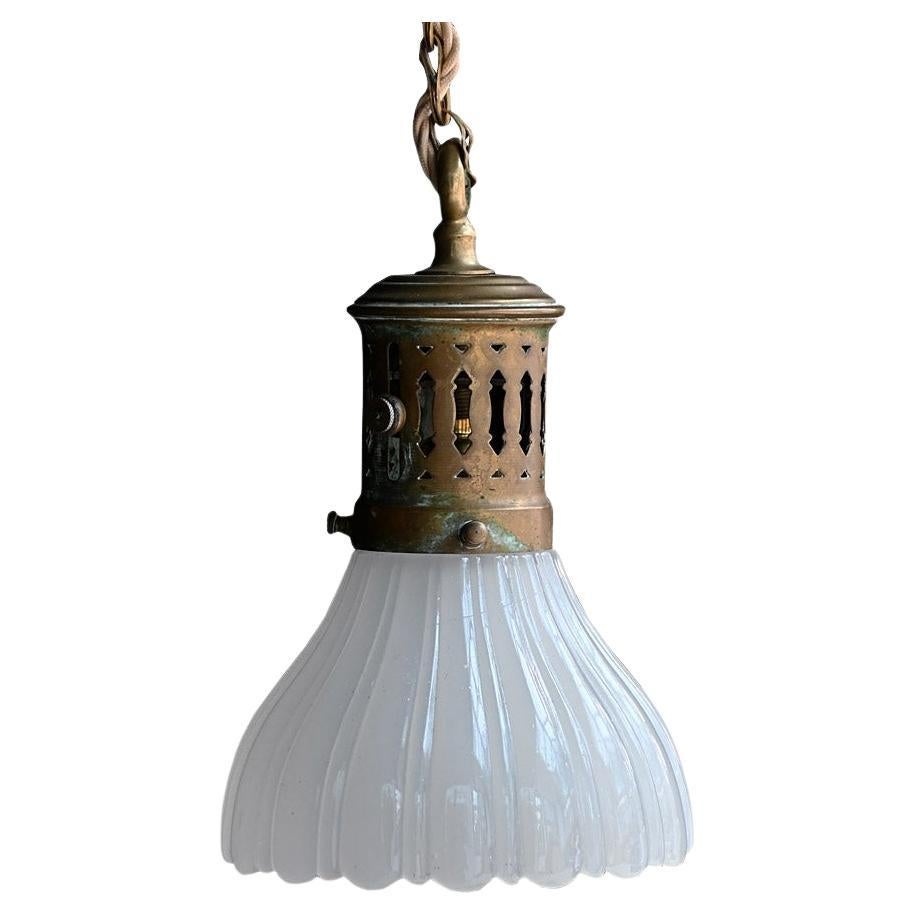 Early 20th Century Small Brass and Glass Ceiling Light For Sale