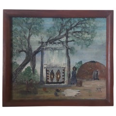 Used Early 20th Century, Small, Naive Oil Painting of Navajo Women Weaving Outdoors