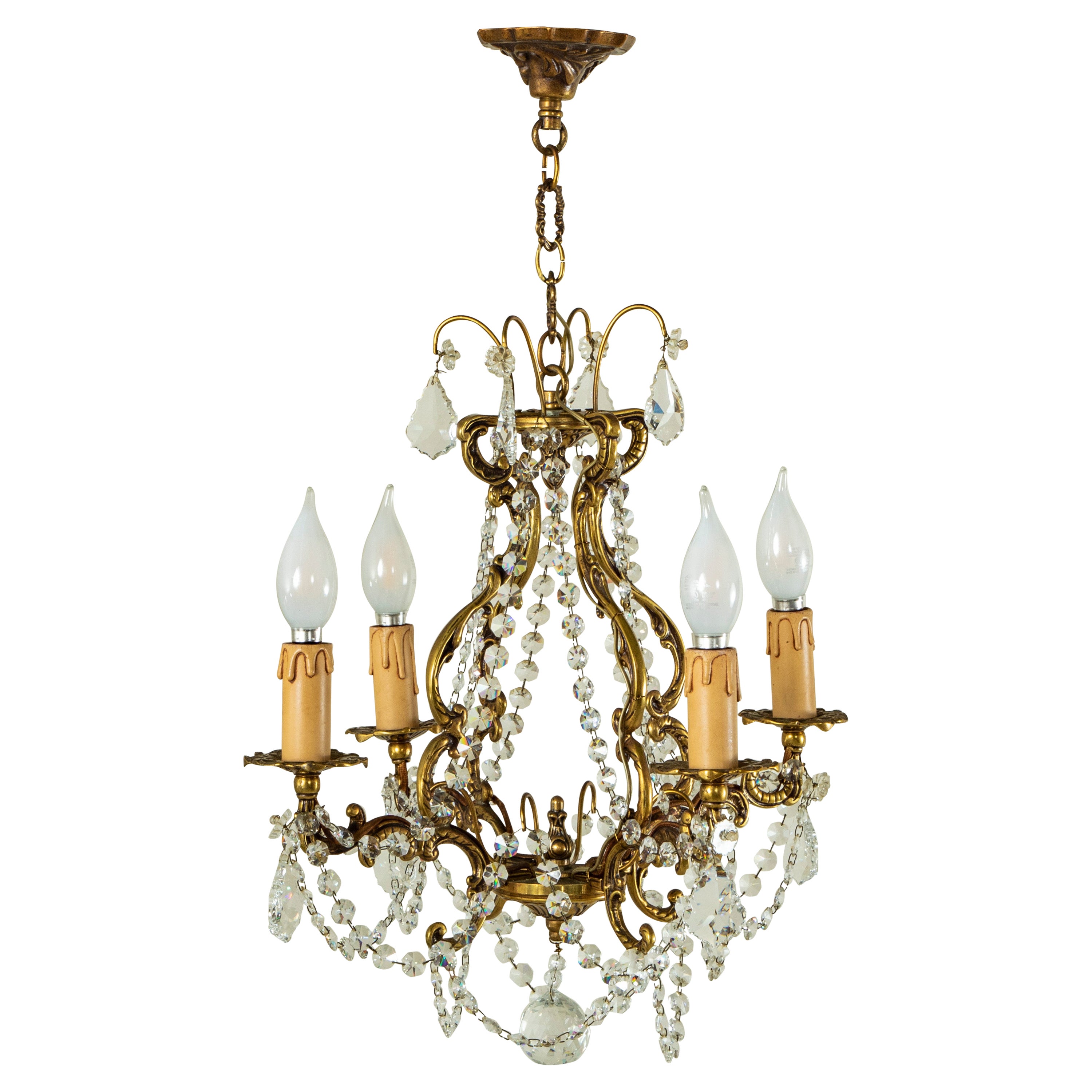 Lampadario francese in bronzo e cristallo di strass dei primi del Novecento, di piccole dimensioni