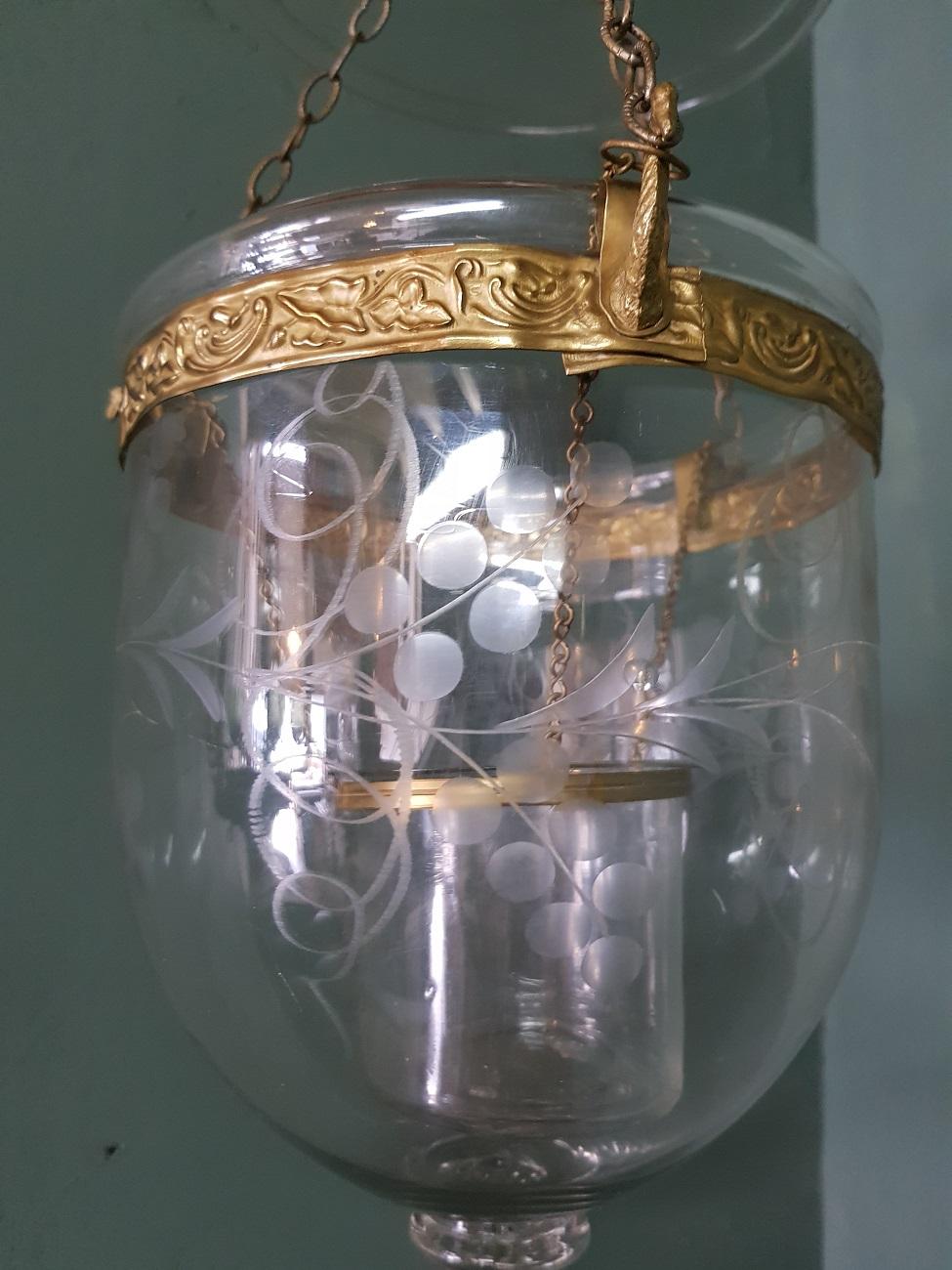 Early 20th Century Small Size Bell Jar Lantern with Etched Glass In Good Condition In Raalte, NL