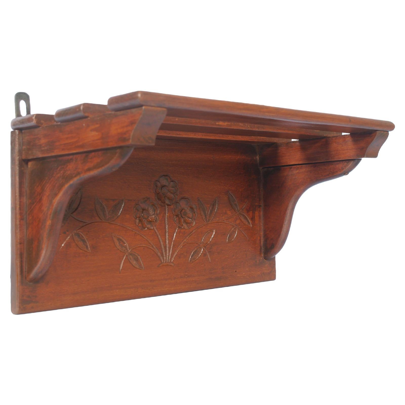 Early 20th Century Small Tyrolean Wall Shelf, Art Nouveau, in Hand Carved Walnut