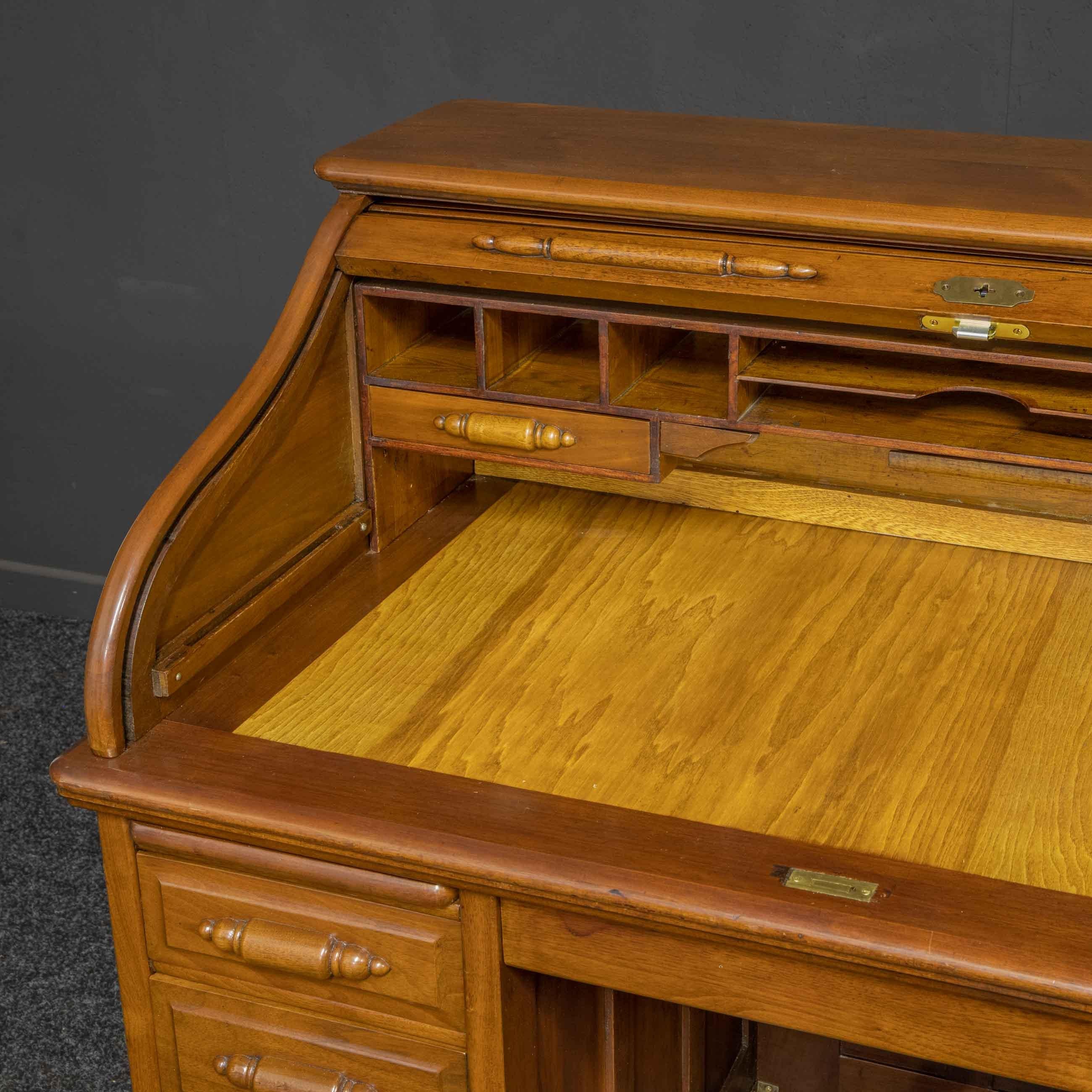 British Early 20th Century Small Walnut Roll Top Desk For Sale