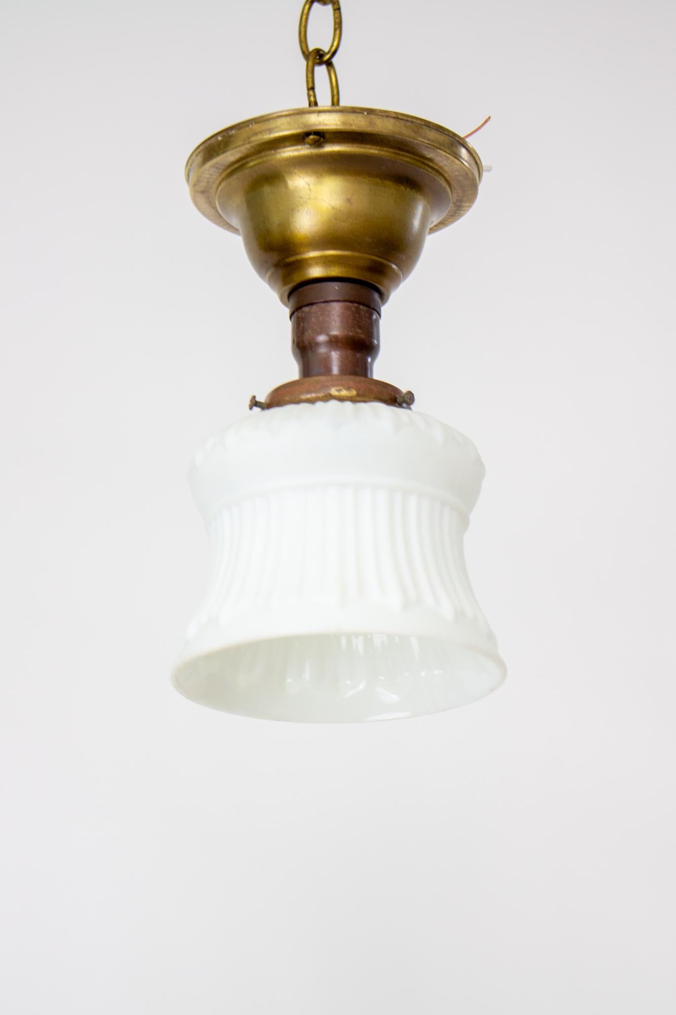 Brass Early 20th Century Small White Glass Neoclassical Revival Flush Pendant For Sale