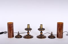 Early 20th Century Smaller Pair of Gilded Crimson Mica Shade Table Lamps