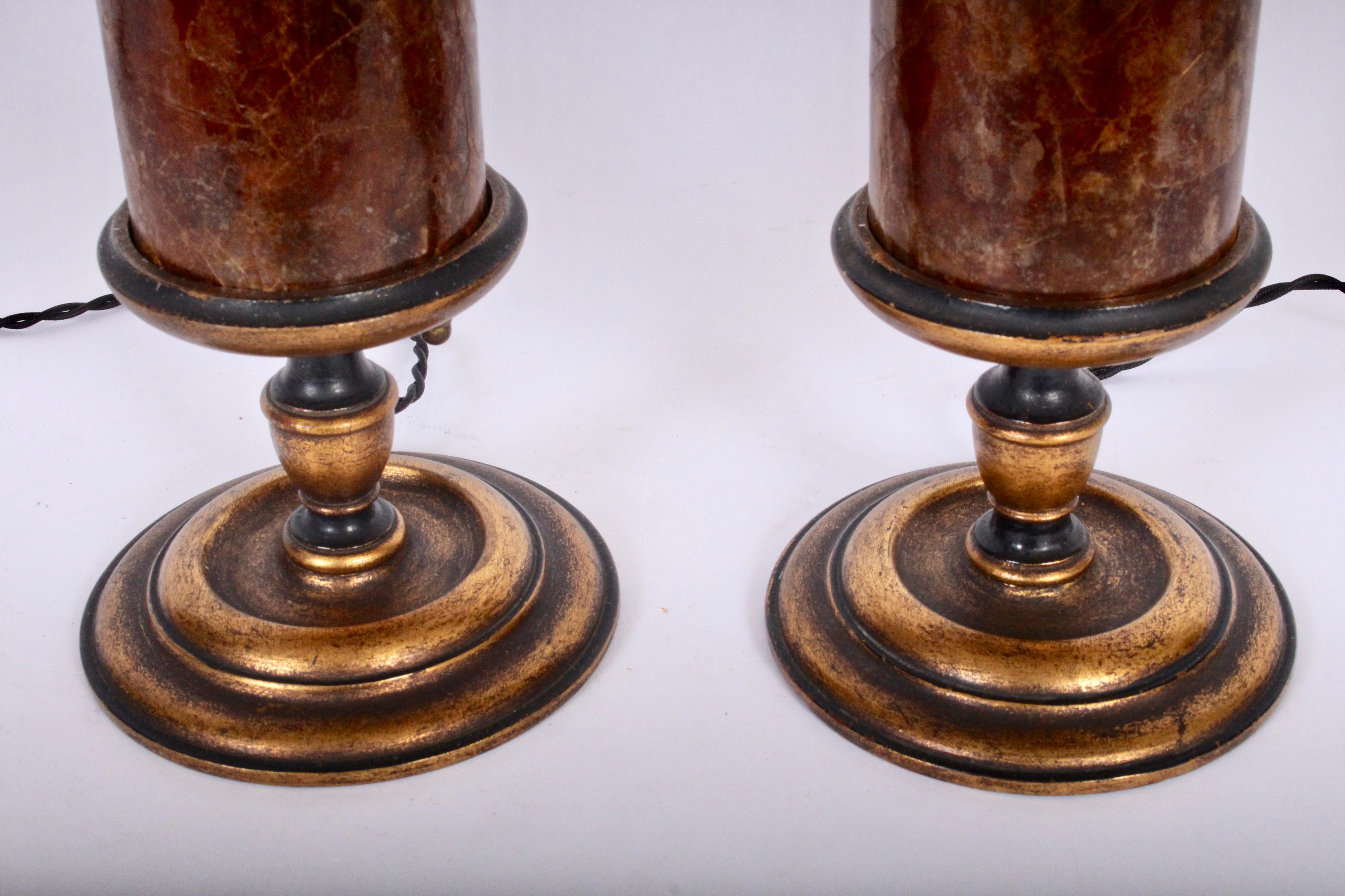Painted Early 20th Century Smaller Pair of Gilded Crimson Mica Shade Table Lamps For Sale
