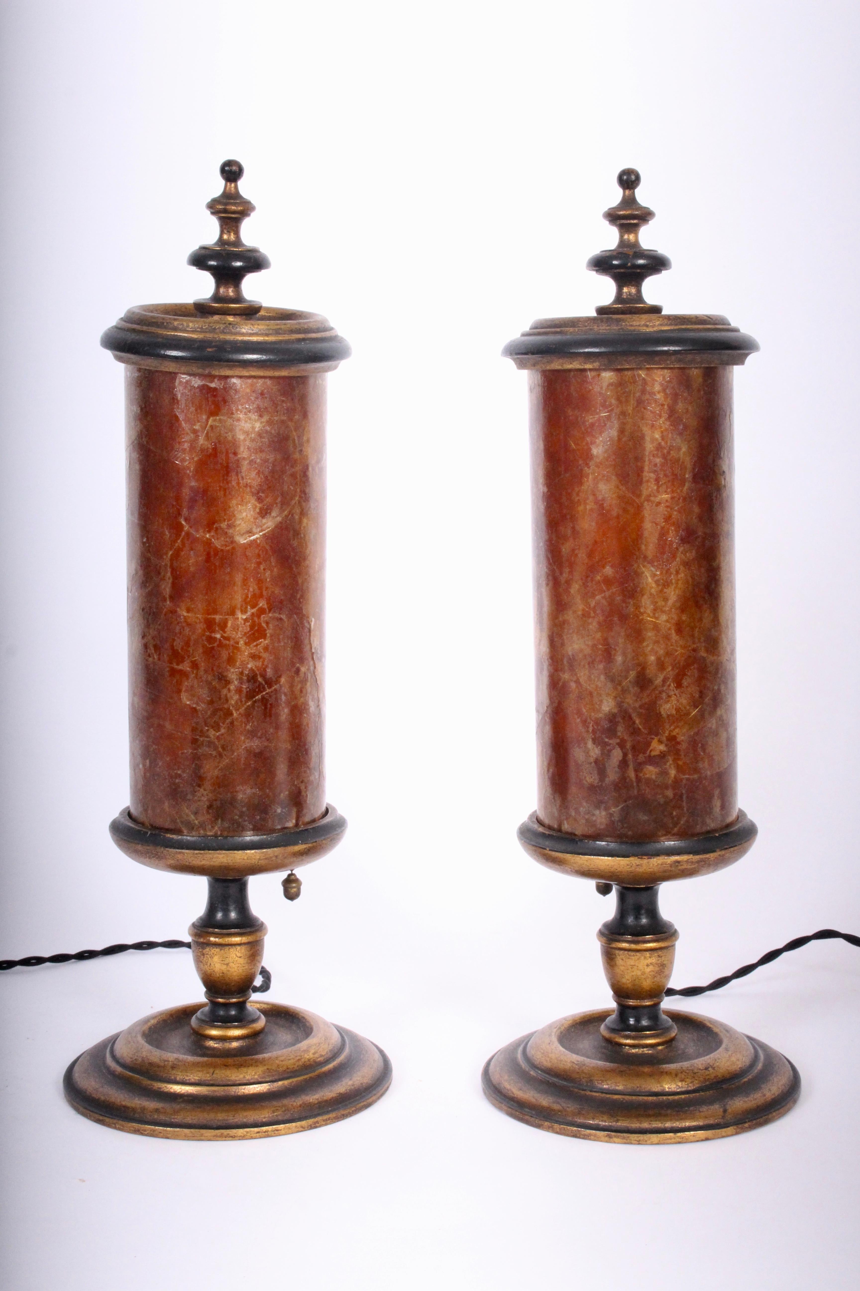Early 20th Century Smaller Pair of Gilded Crimson Mica Shade Table Lamps In Good Condition For Sale In Bainbridge, NY