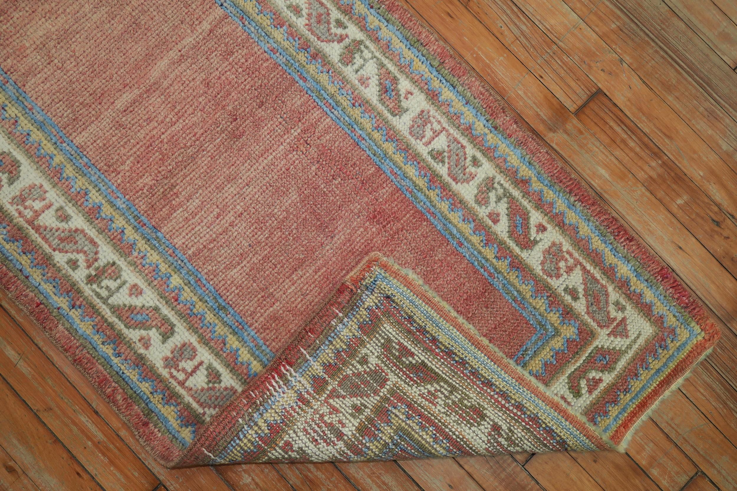 An antique Turkish Oushak runner. Plain solid soft red field, accents in ivory, robin eggs blue and beige.

Measures: 2'2