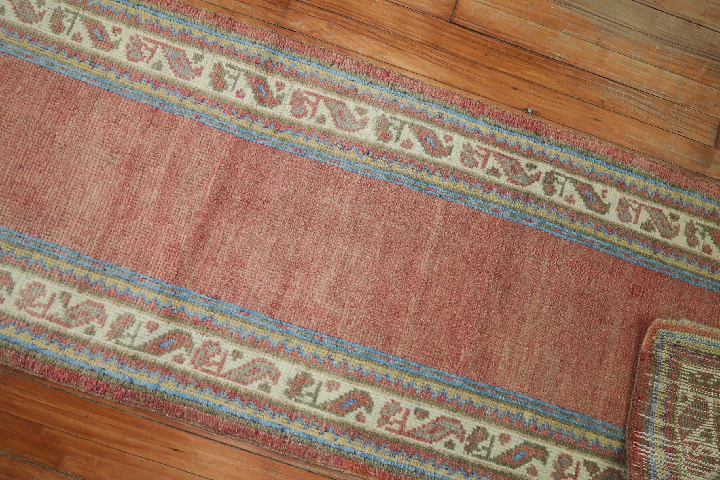 Early 20th Century Soft Red Antique Turkish Oushak Wool Narrow Runner 1