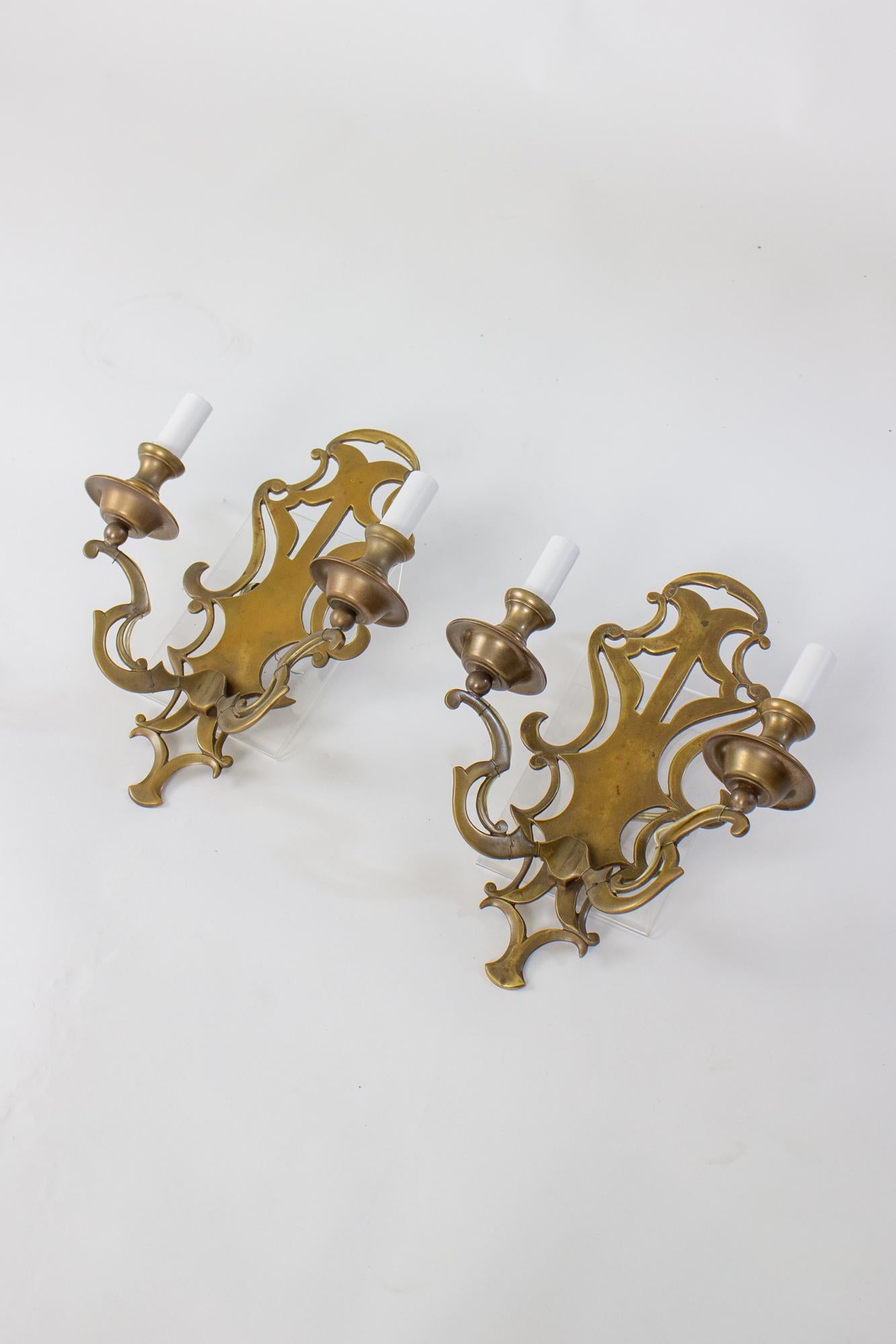 American Colonial Early 20th Century Solid Brass Sconces - a Pair For Sale