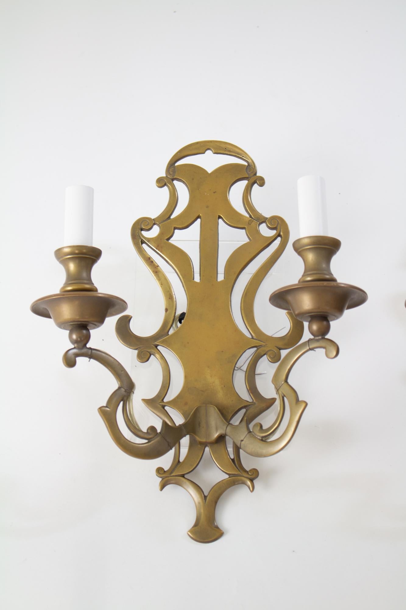 Early 20th Century Solid Brass Sconces - a Pair In Good Condition For Sale In Canton, MA