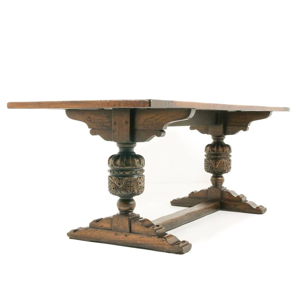 English Early 20th Century Solid Oak Trestle Table