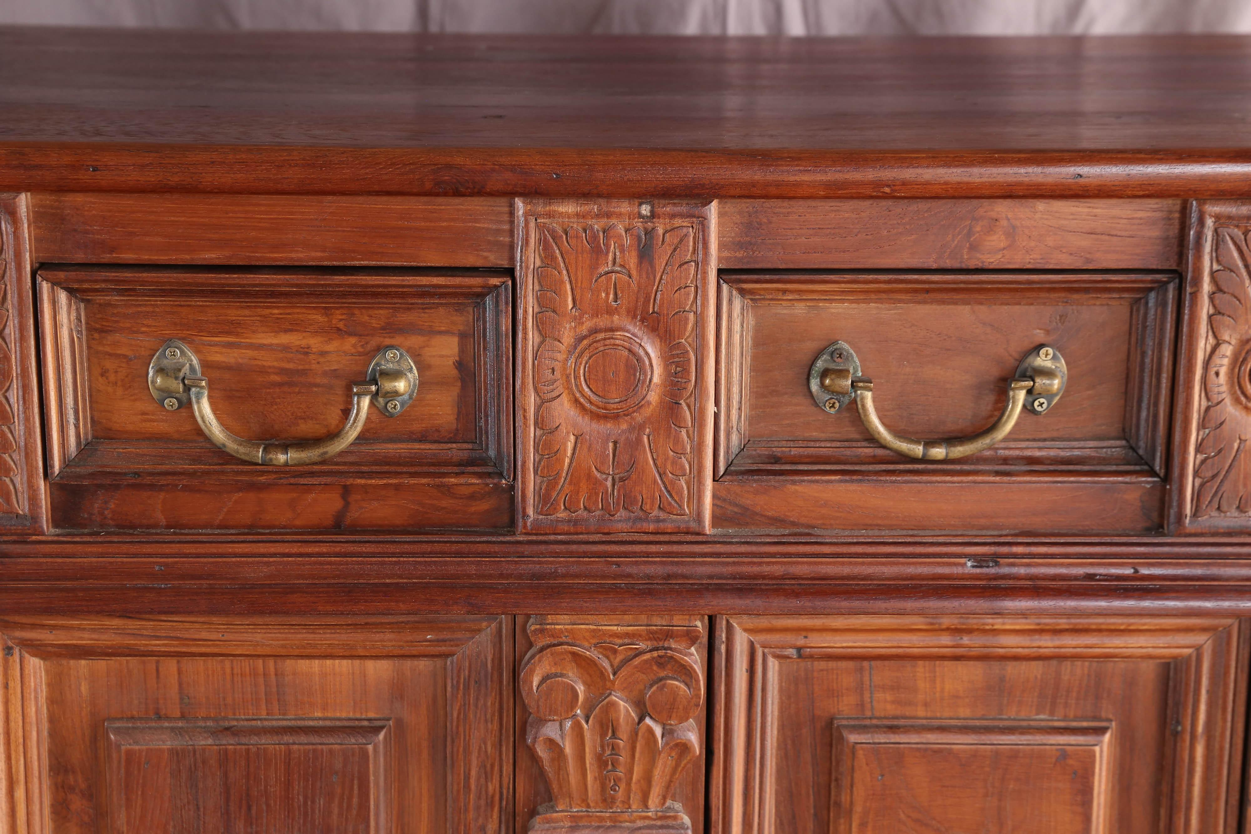 French Provincial Early 20th Century Solid Teak Wood French Colonial Carved Entry Hall Credenza
