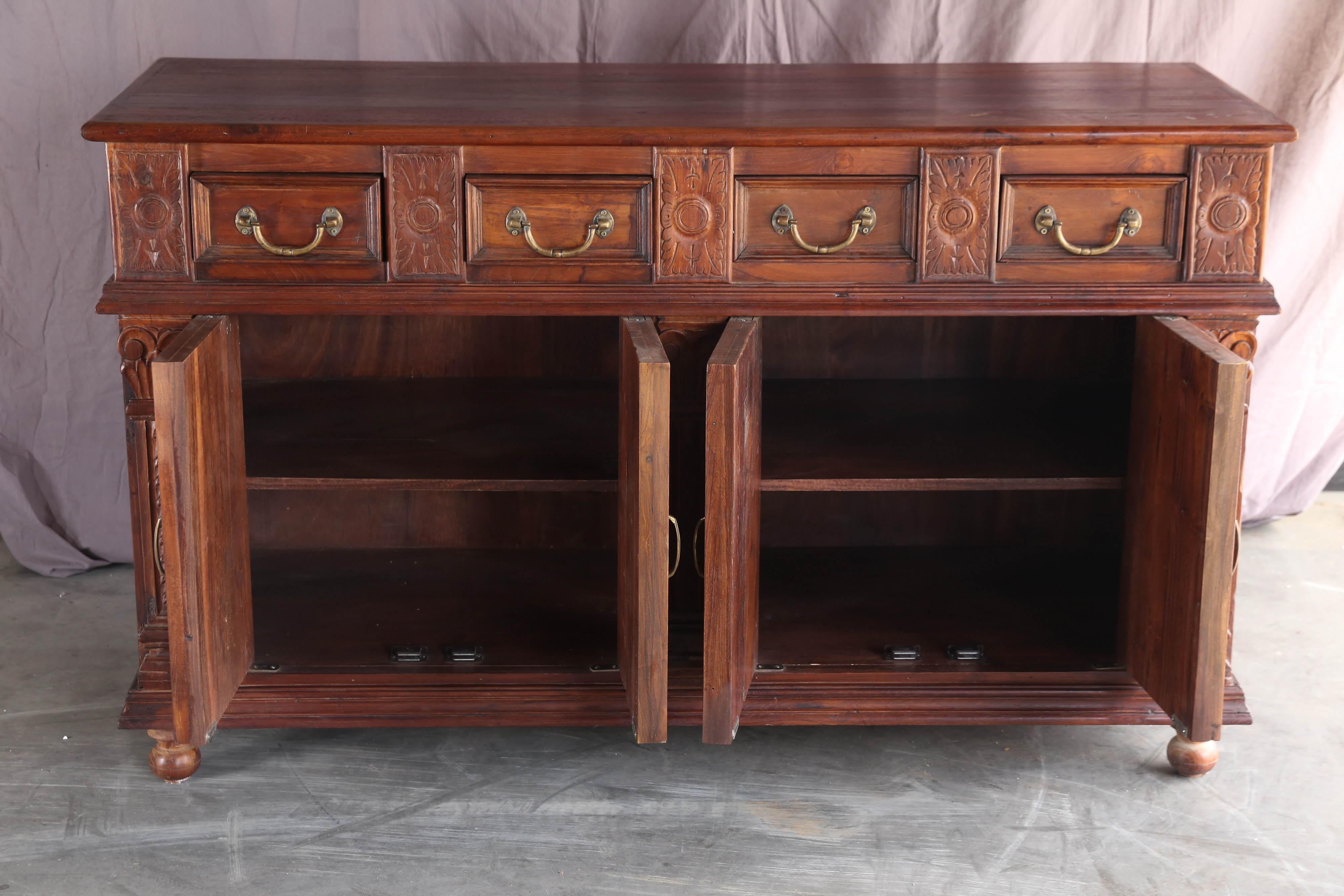 Hand-Crafted Early 20th Century Solid Teak Wood French Colonial Carved Entry Hall Credenza