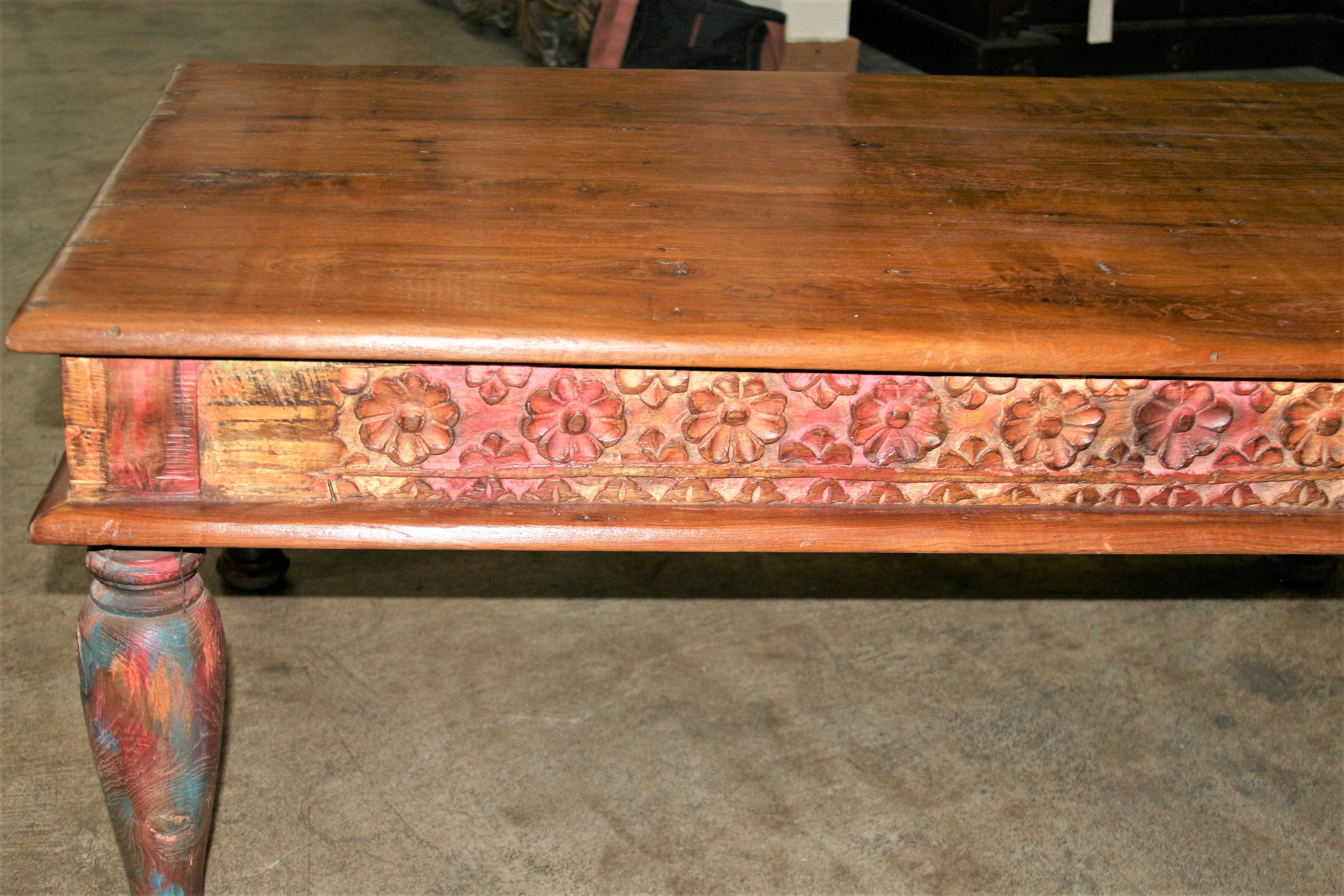 Indian Early 20th Century Solid Teak Wood Highly Carved Coffee Table For Sale