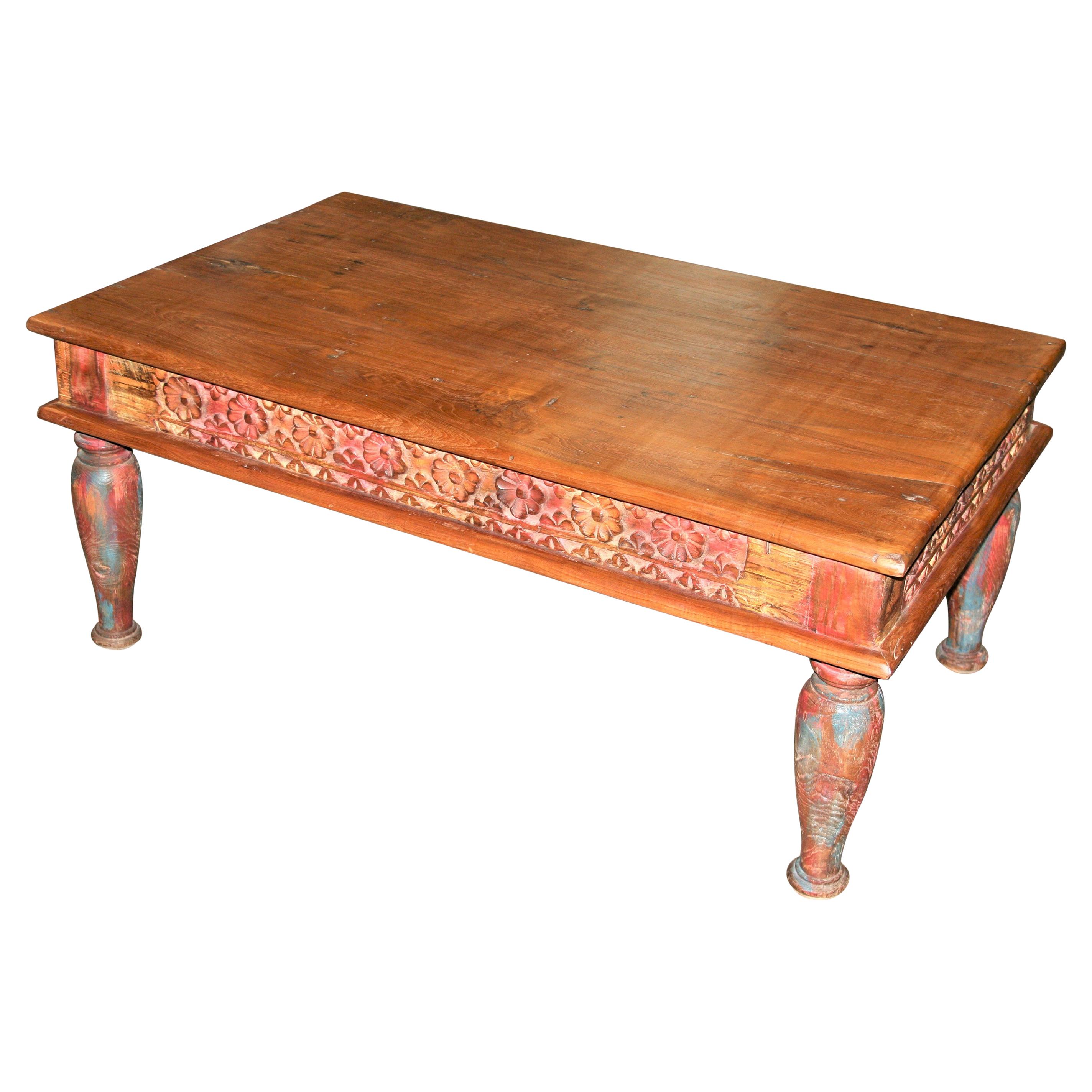 Early 20th Century Solid Teak Wood Highly Carved Coffee Table For Sale