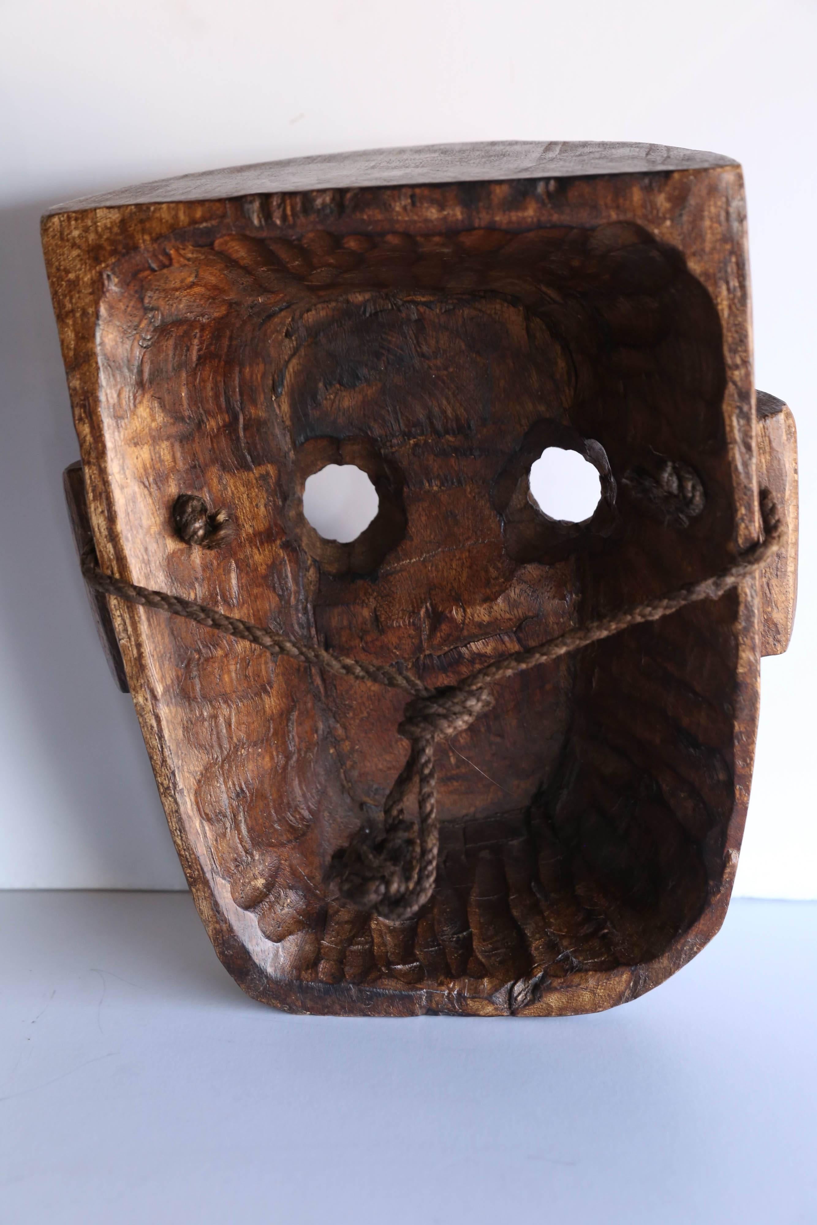 Folk Art Early 20th Century Solid Wood Hand-Carved Mask from Nepal