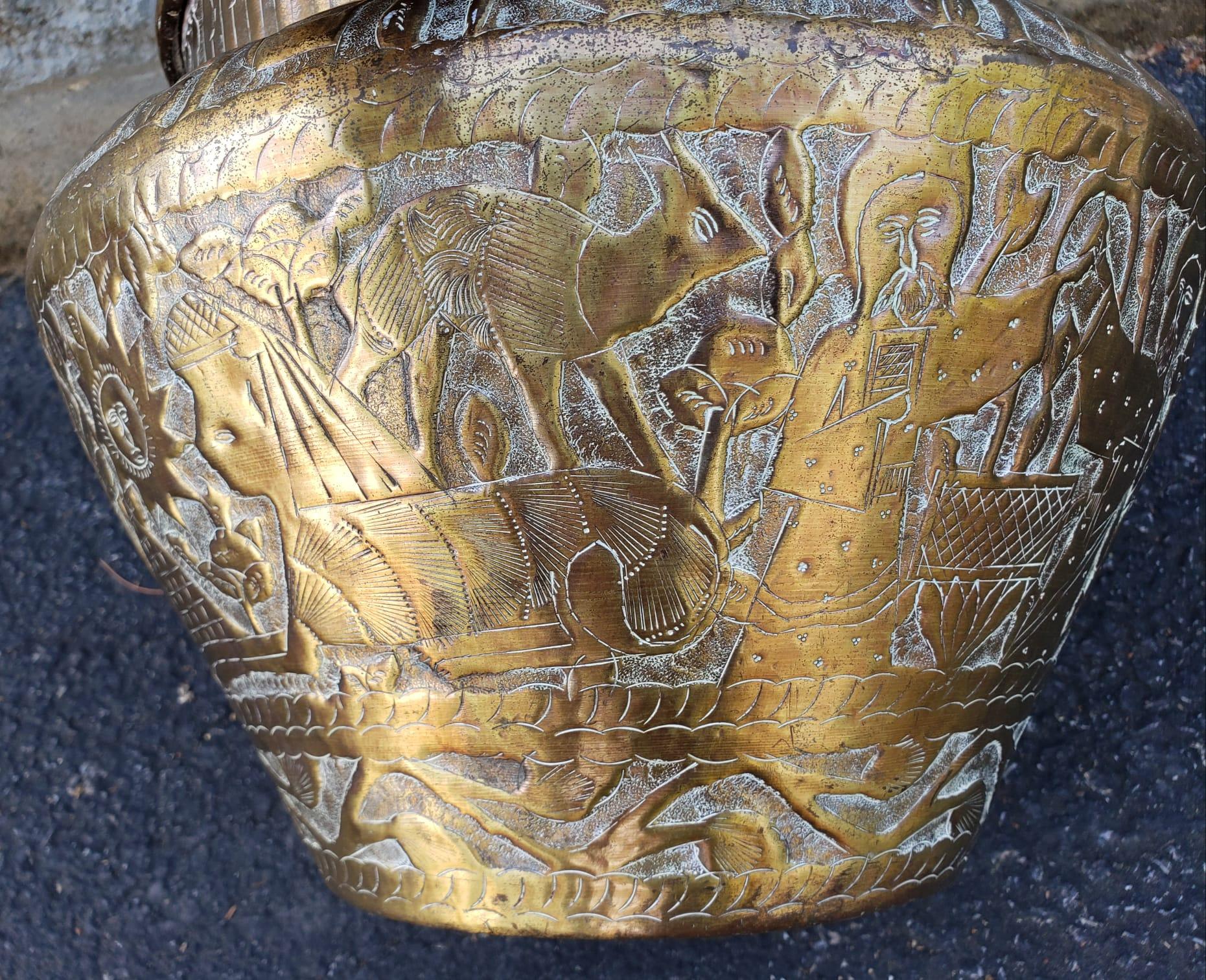 Early 20th Century  Southeast Asian Hammered and Embossed Brass Jardinière In Good Condition For Sale In Germantown, MD