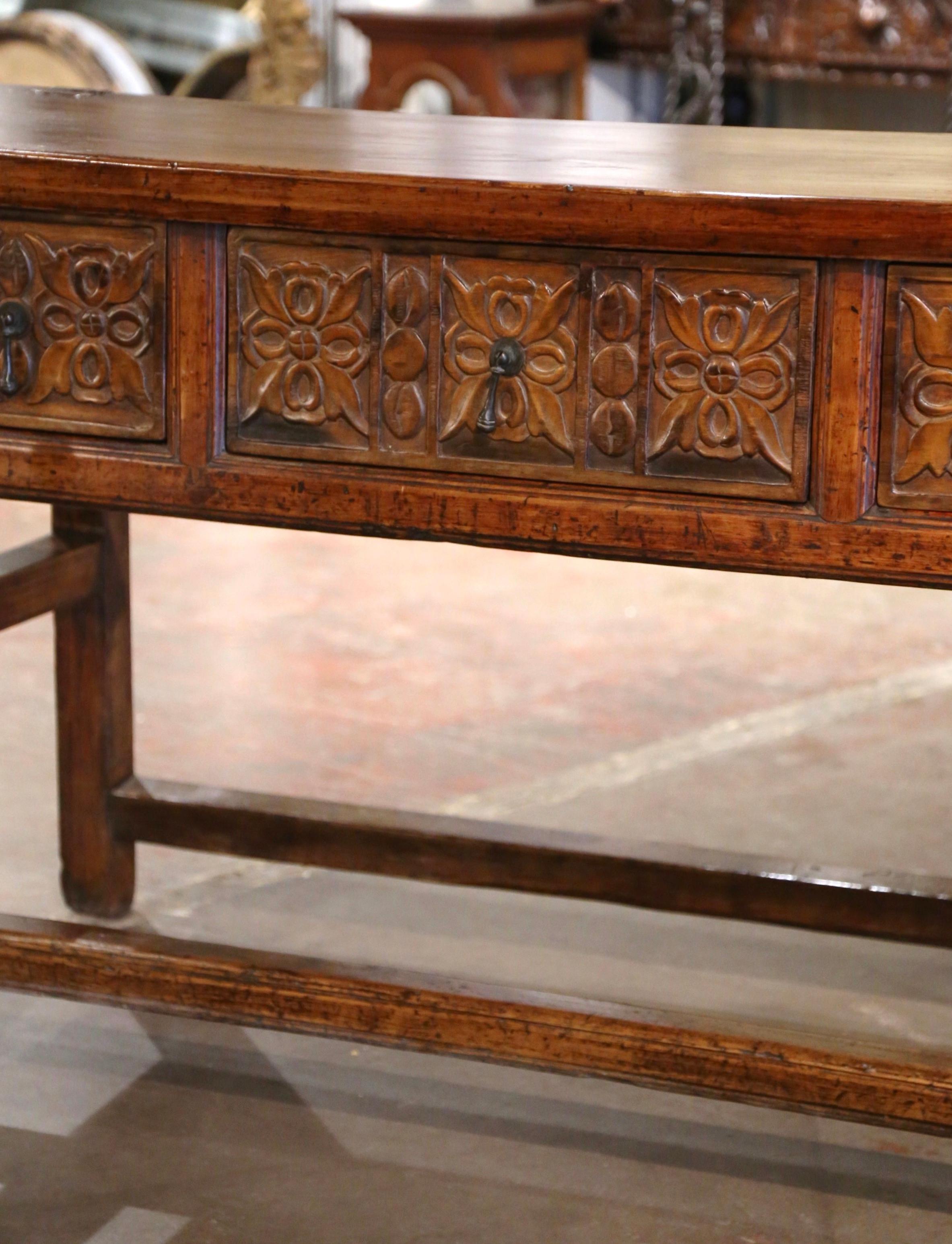 Patinated Early 20th Century Spanish Baroque Carved Pine & Oak Three-Drawer Console Table For Sale
