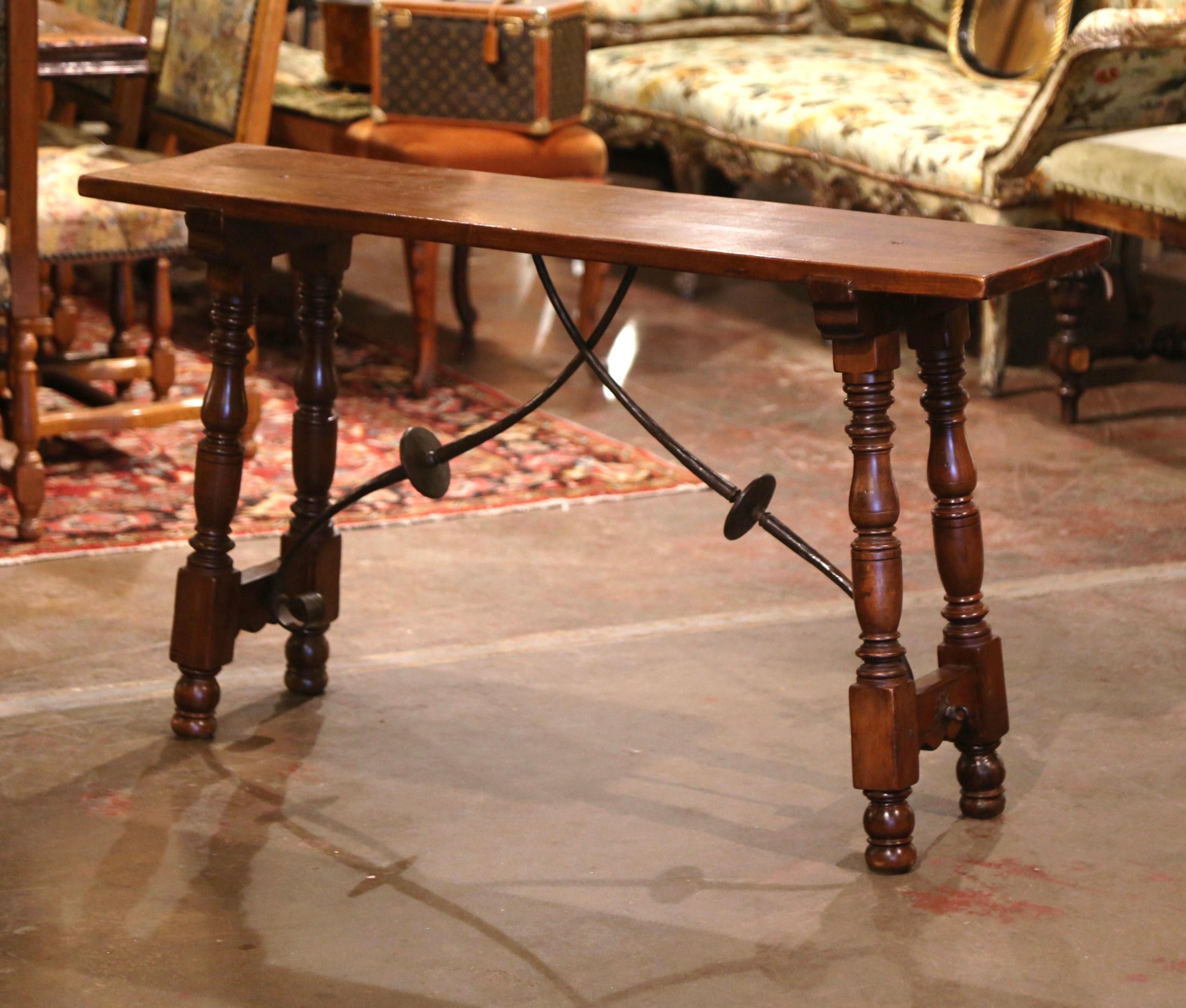Hand-Carved Early 20th Century Spanish Baroque Carved Walnut and Iron Console Table