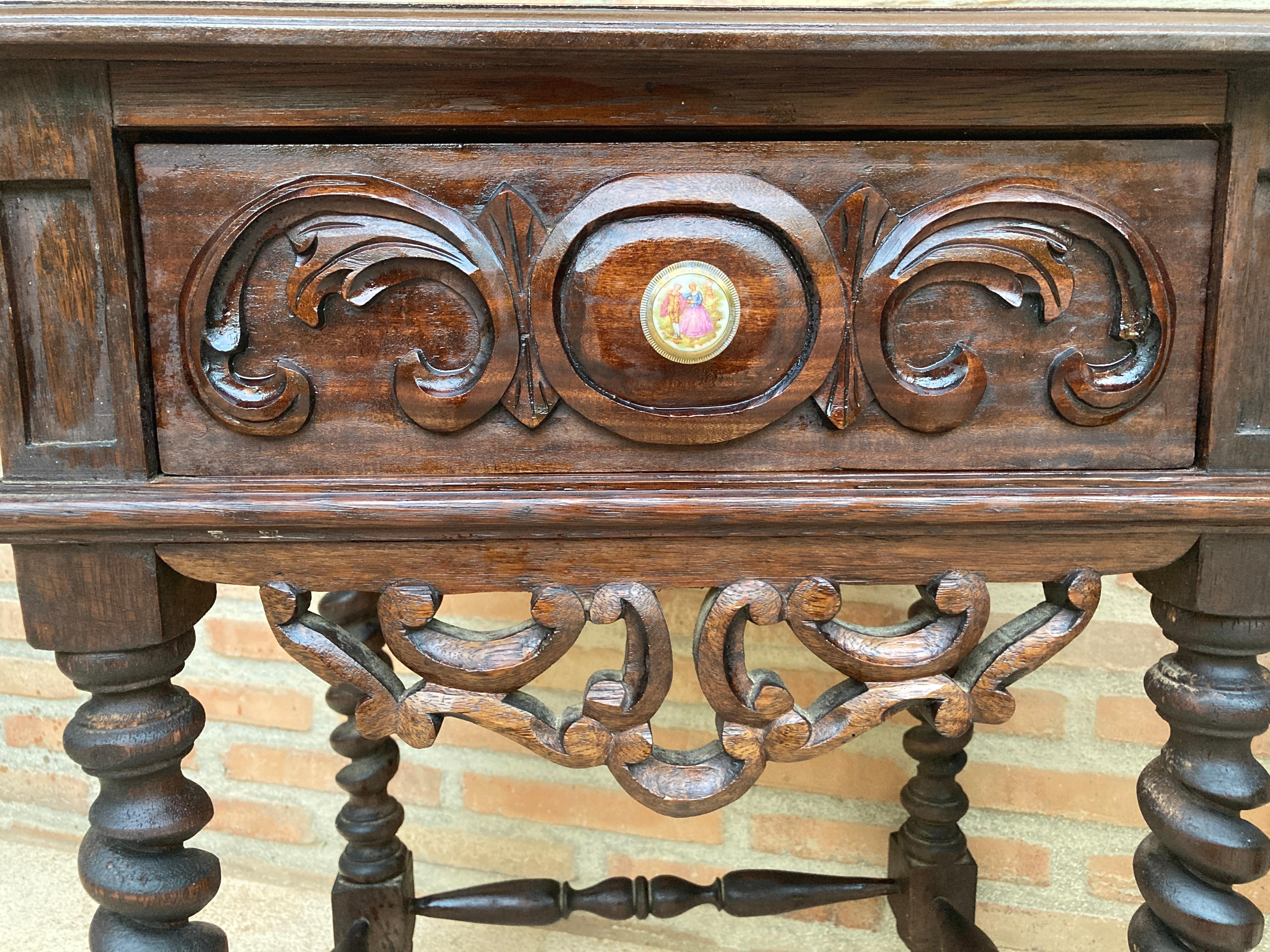 Early 20th Century Spanish Baroque Style Chestnut & Porcelain Nightstands with O 6