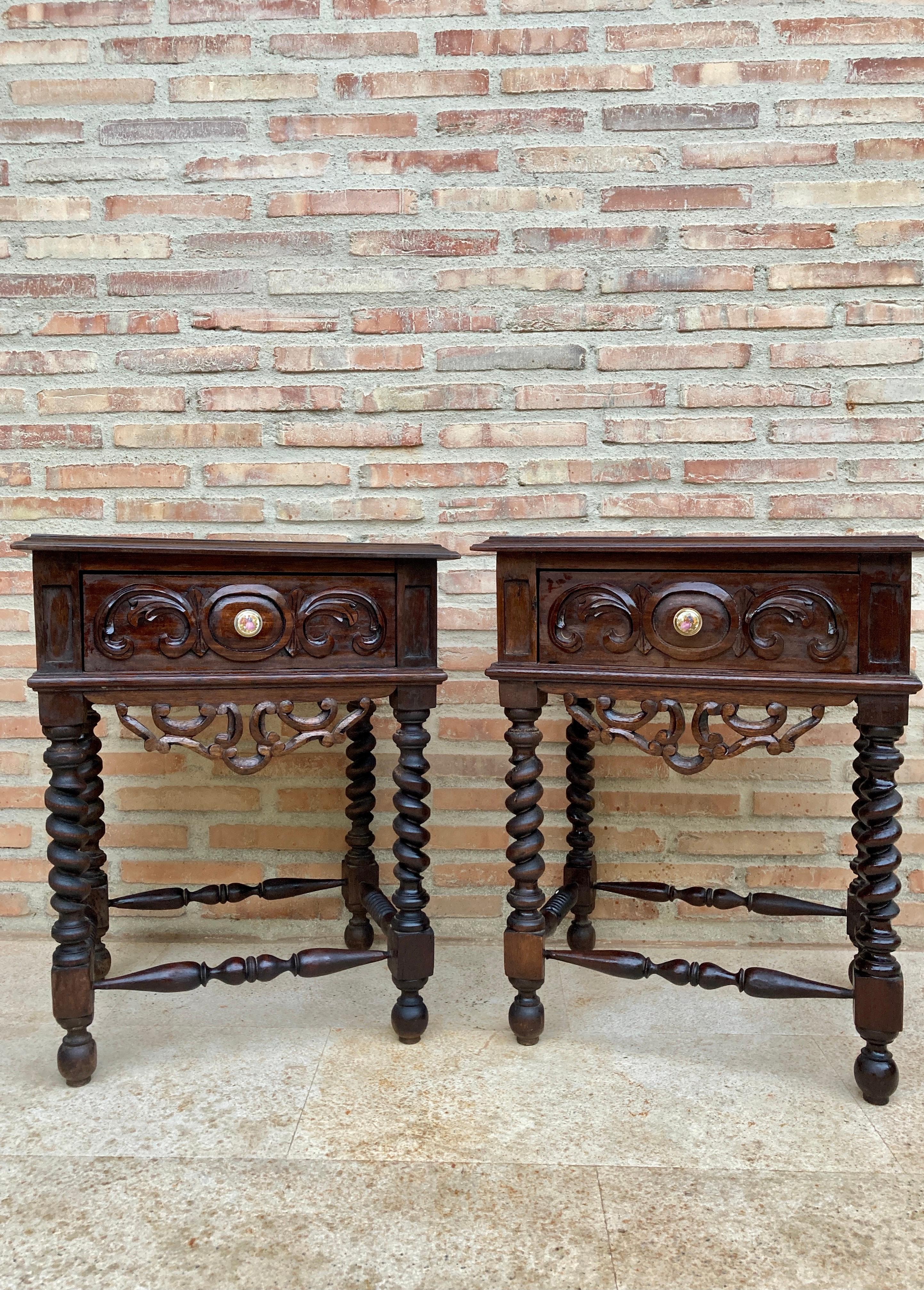 Walnut Early 20th Century Spanish Baroque Style Chestnut & Porcelain Nightstands with O