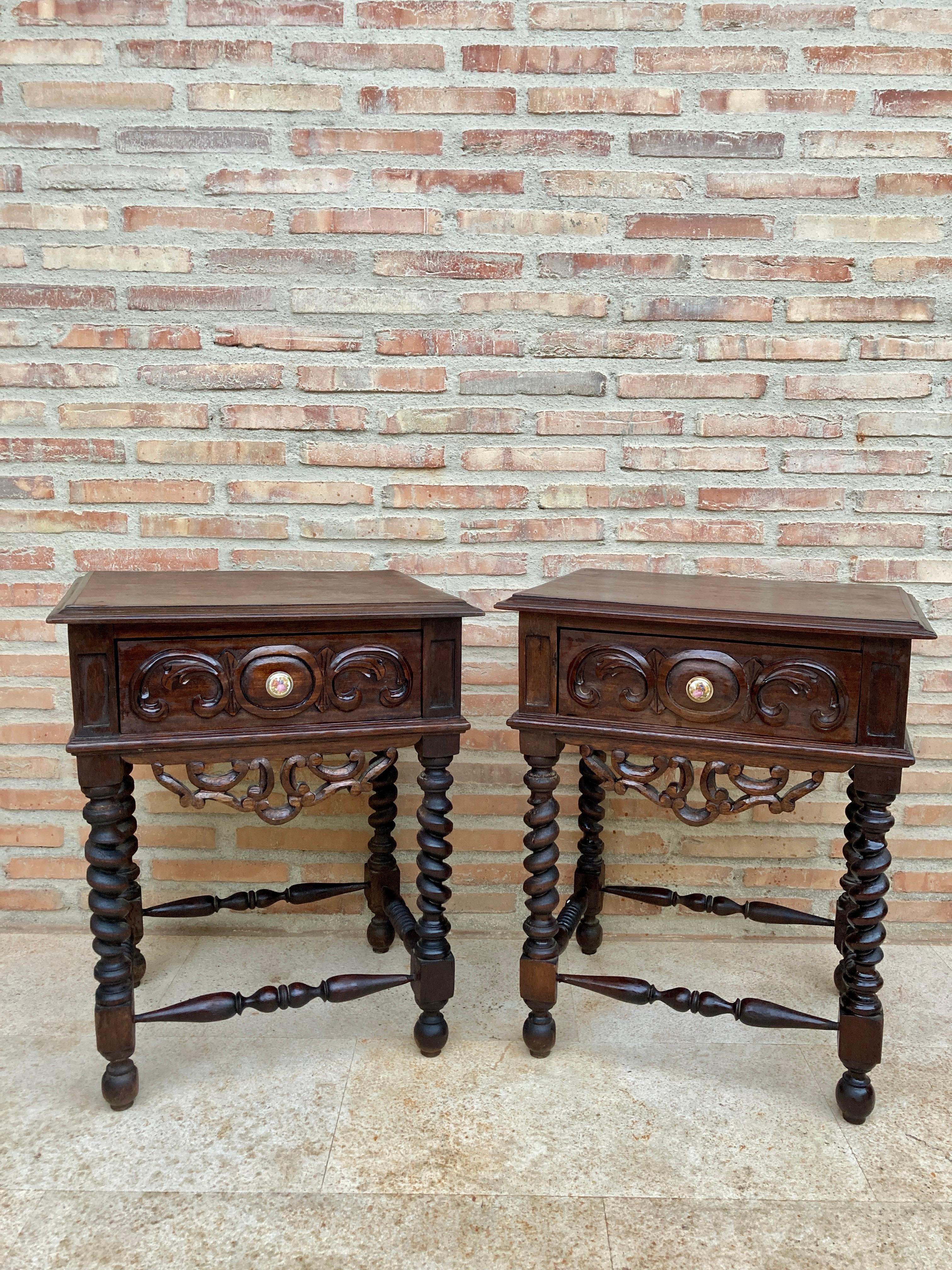 Early 20th Century Spanish Baroque Style Chestnut & Porcelain Nightstands with O 1